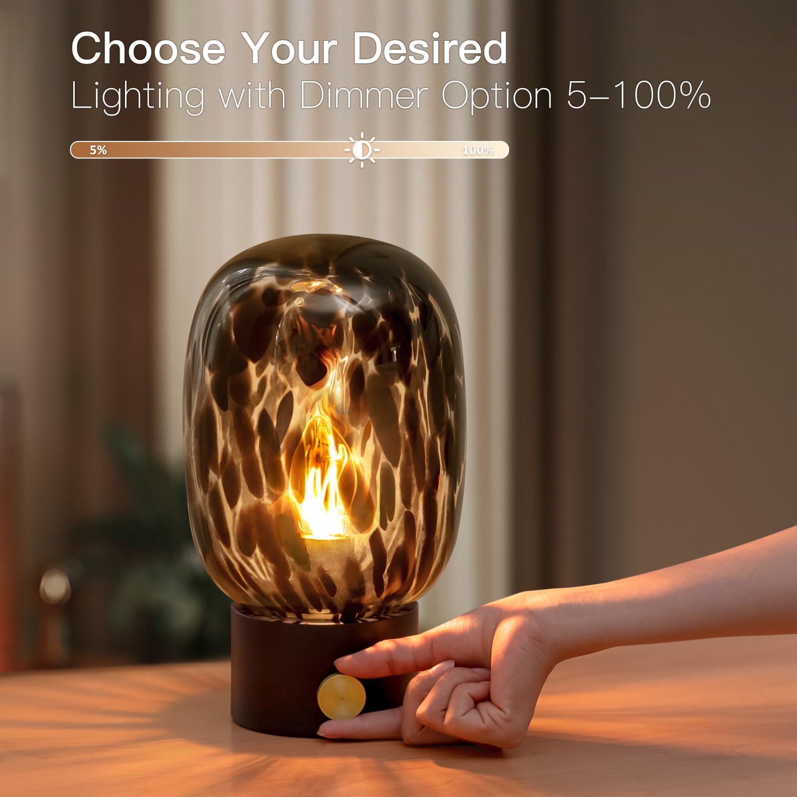 Onewish Vintage Glass Nightstand Lamp, Dimmable Bedside Table Light For Home Decor