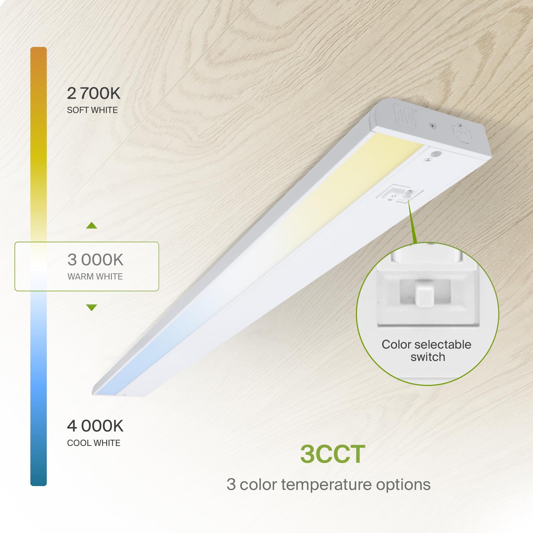Asd Led Under Cabinet Lighting, 24 Inch Dimmable, Hardwired/Plug-In, 3 Color Levels, White Finish, Model Asd-Ucl-24D12Cc-Wh