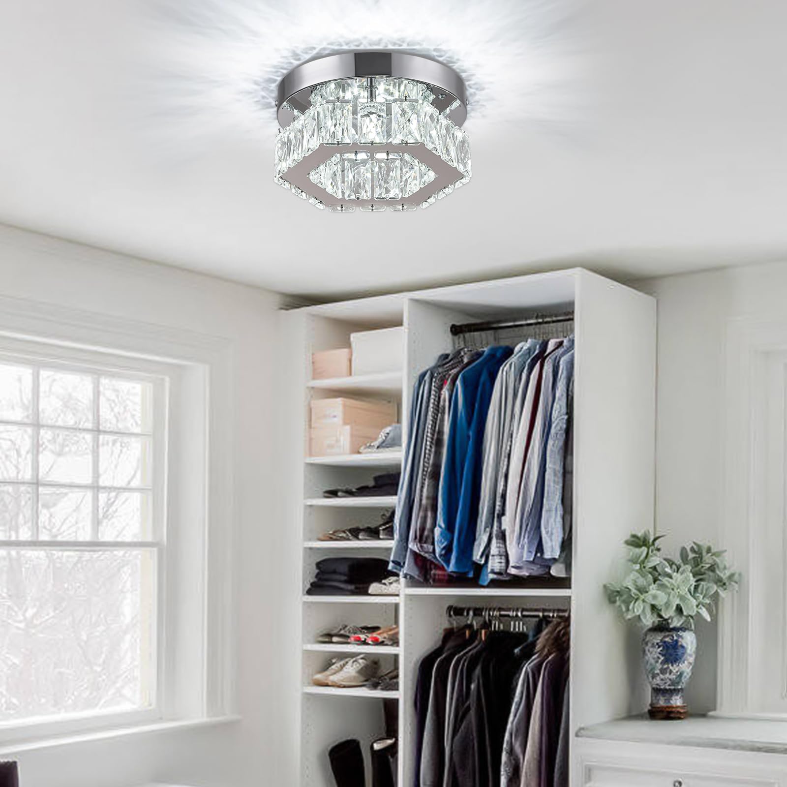 Leontyne Mini Modern Crystal Chandelier 7.9 Inch Hexagon Crystal Ceiling Light Flush Mount Led Chandeliers For Bedroom Kitchen F