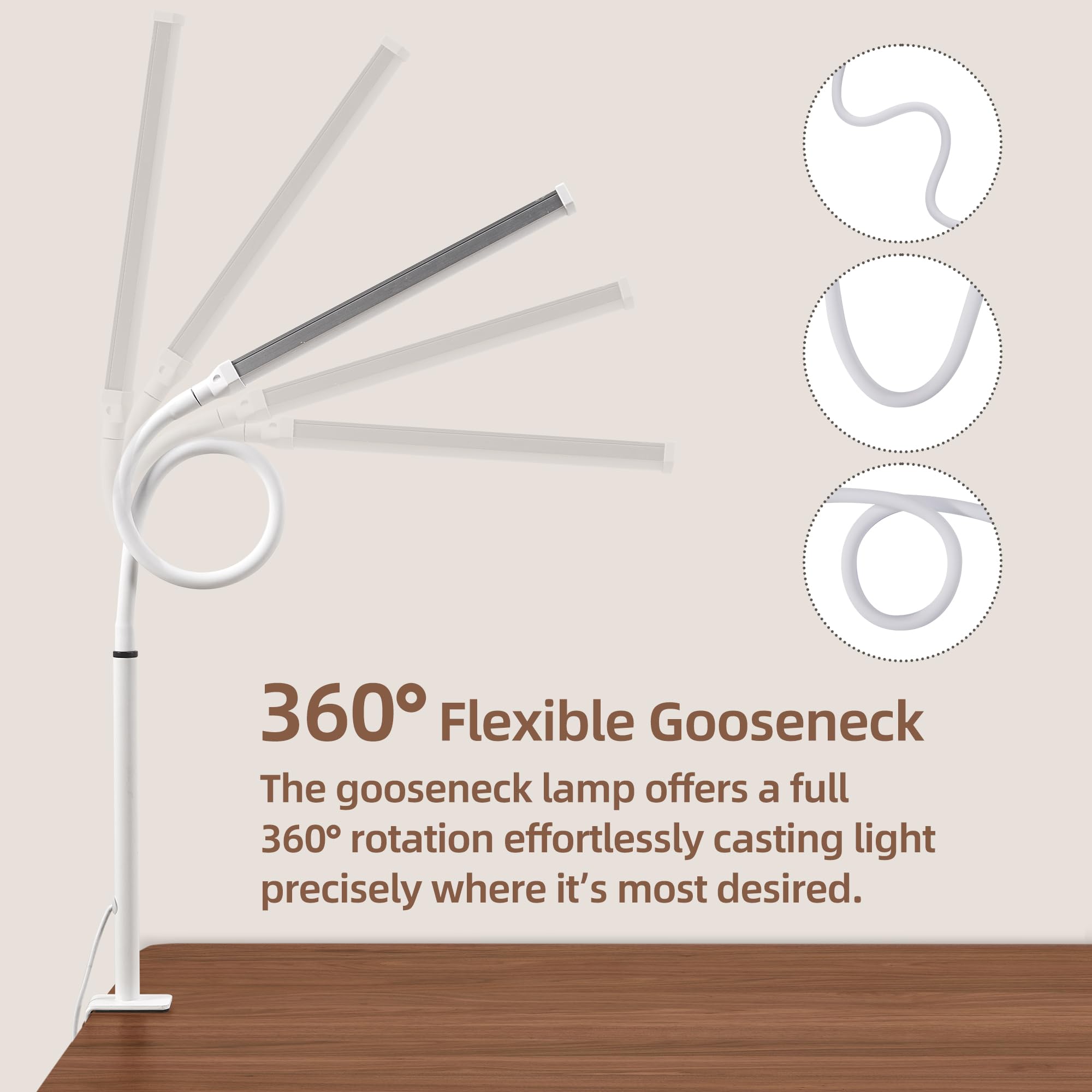 LIBORA Led Desk Lamp, Eye-Caring Clamp Light, 3 Modes, 10 Brightness Levels, Flexible Gooseneck, White, Model 1063292