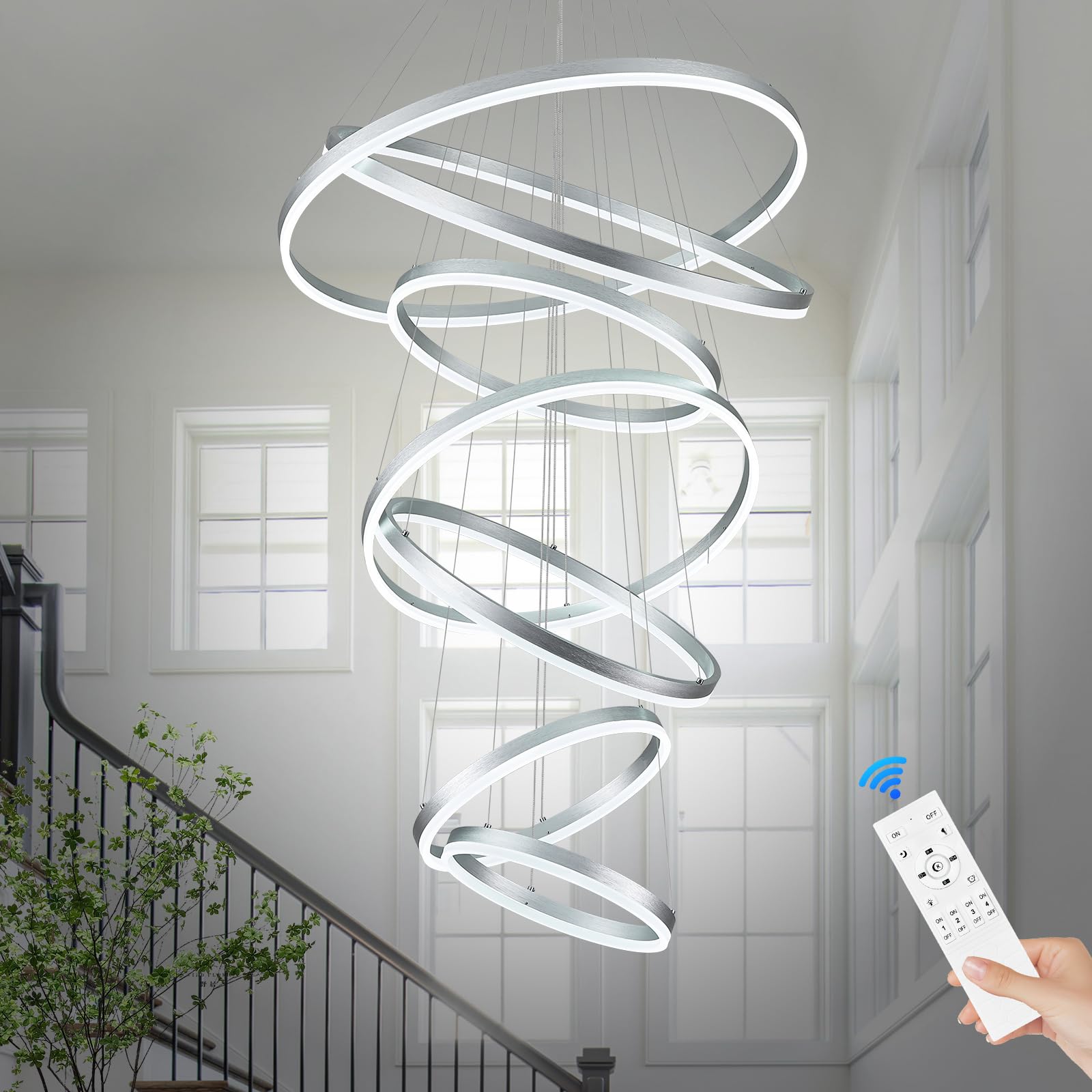 Benkut 7 Rings Modern LED Chandelier Silver Dimmable Large Foyer Chandeliers Entryway High Ceiling for Staircase  High Ceiling Pendant Lights for Entryway Living Room  3000K-6500K CCT