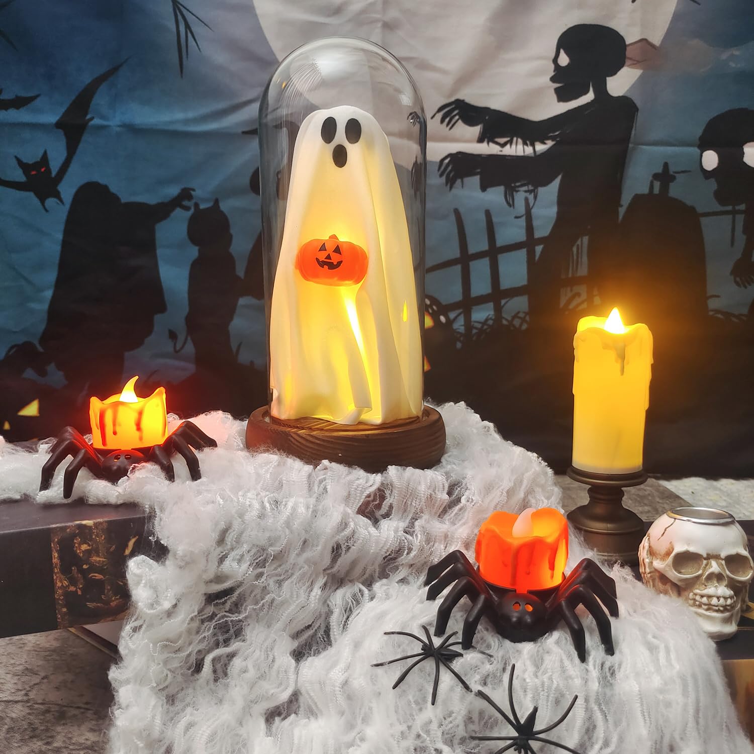 Generic Halloween Ghost Lamp - Light Up Glass Decoration with Remote Control - Small - Pumpkin