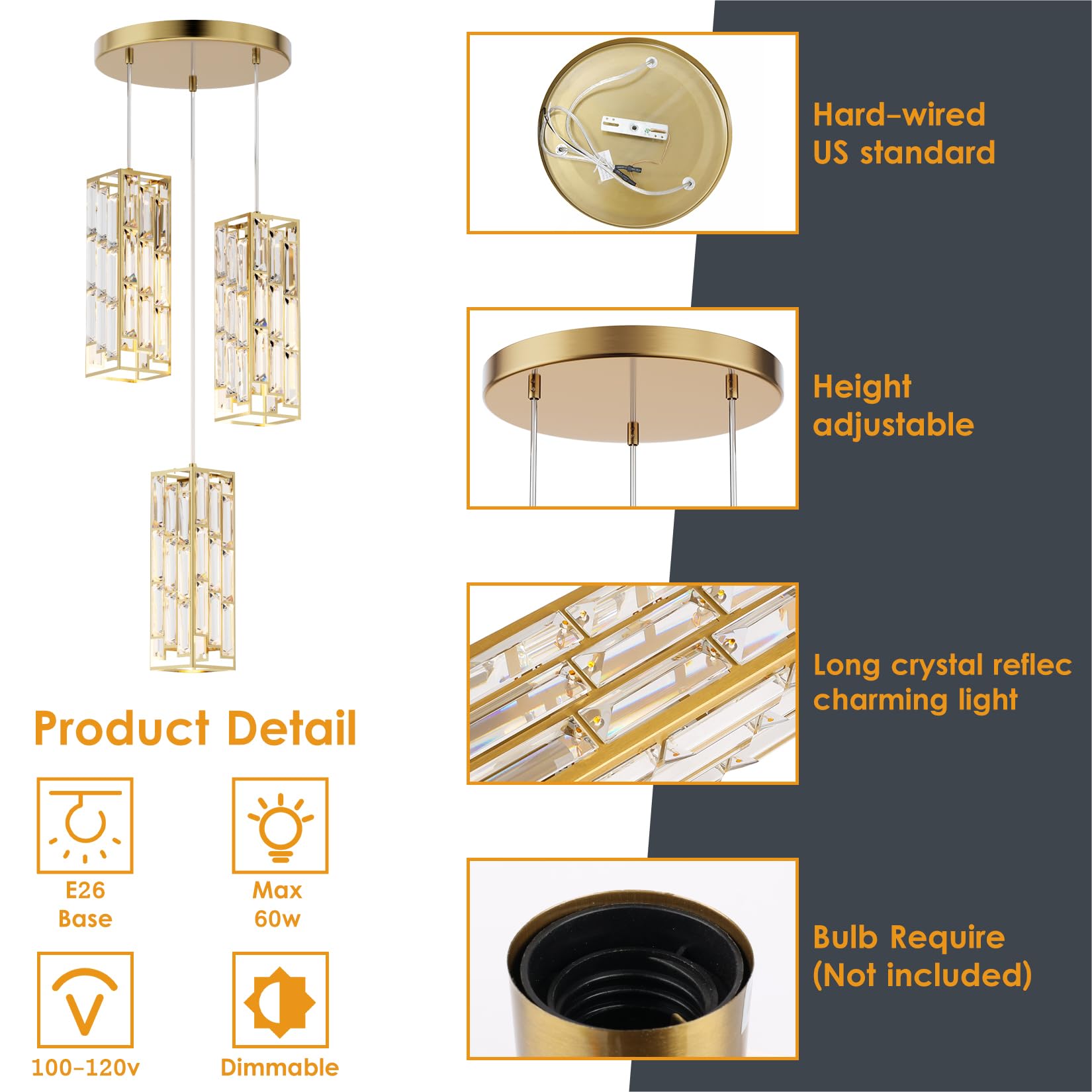 Aoceley 3-Light Brass Pendant Lights Modern Pendant Light Fixture, Mini Crystal Pendant Ceiling Light, Pendant Light For Kitchen