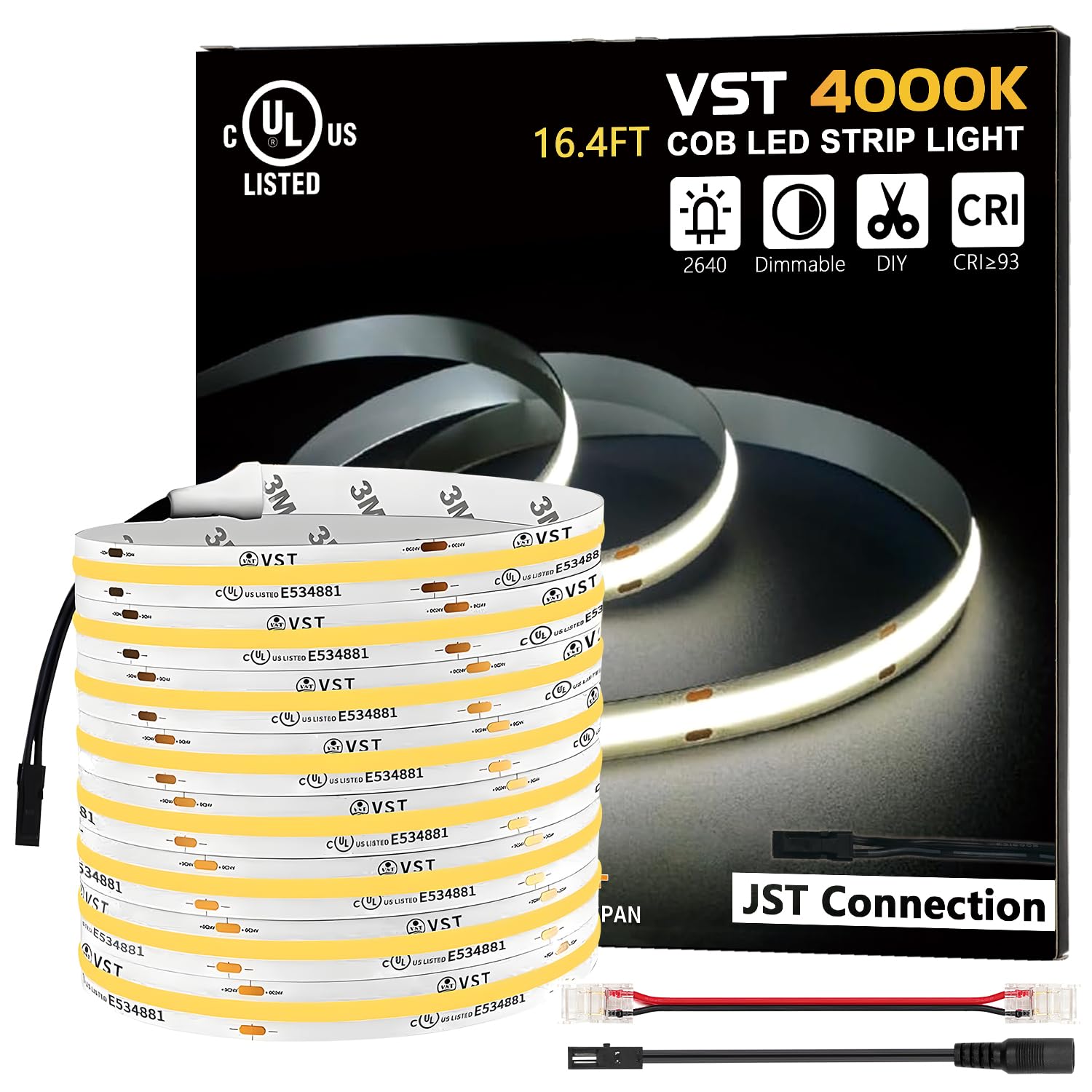 Vst 16.4Ft Cob Led Strip Lights Natural White 4000K  24V Dimmable Led Tape Light  48W  2640 Leds  Ra 93+  Ip30  Lighting For Kitchen  Cabinets  Ul Listed (Power Source Not Included)