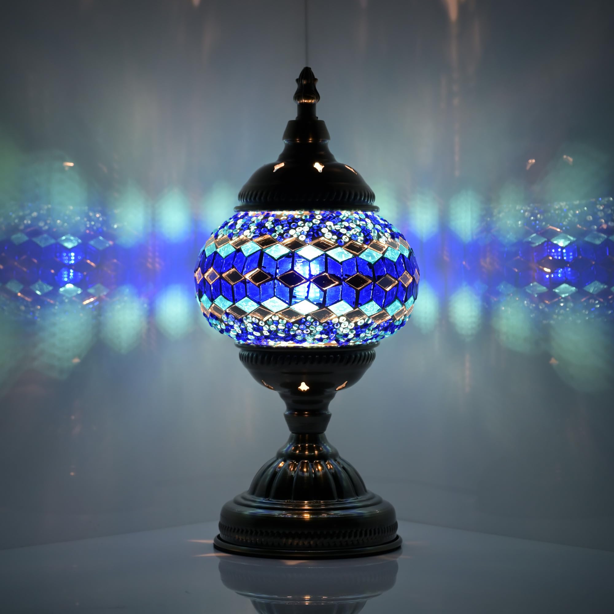 GOGERS Turkish Moroccan Table Lamp, Mosaic Glass Shade, 5.3inx5.3inx11in, Multiple Blues, Model GS-HH-Y8