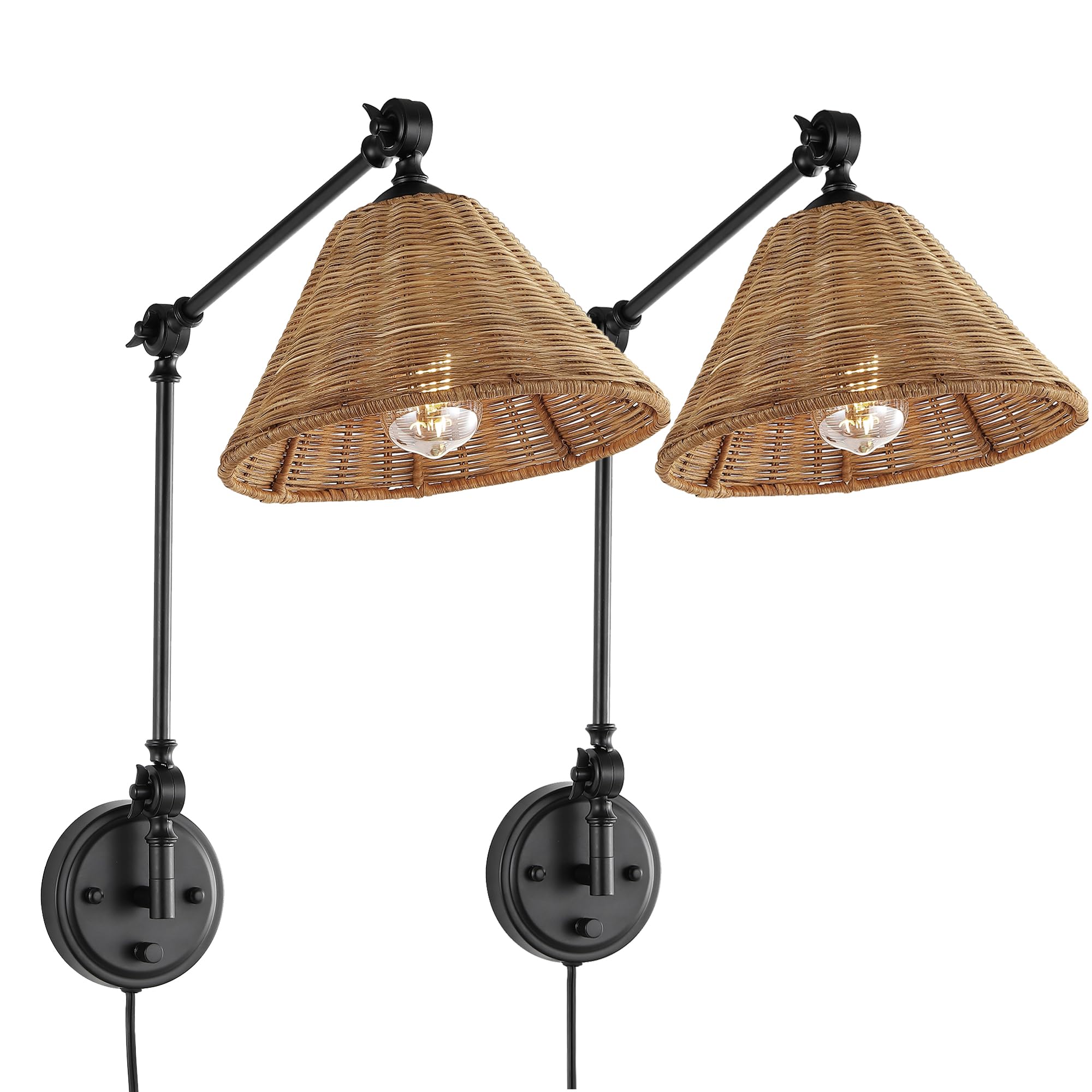 Wingbo Rattan Wall Sconce, Adjustable Swing Arm Light Fixture, Vintage 2 Pack, Black