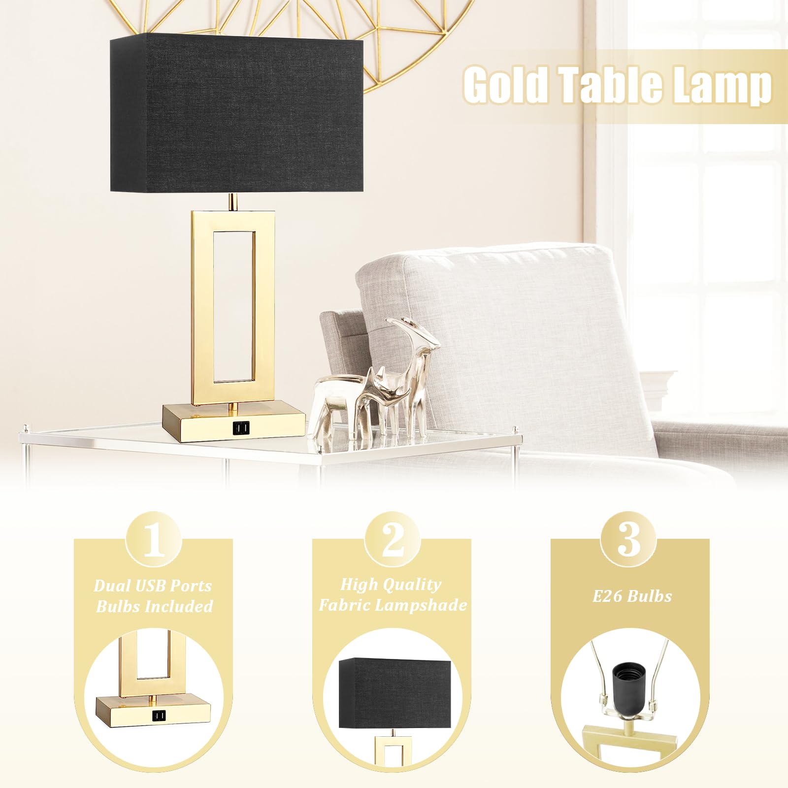 Gernehop Black Table Lamps Set Of 2 With Dual Usb Ports,3-Way Dimmable Touch Control Bedside Lamps,22Inch Tall Modern Bedroom Ta