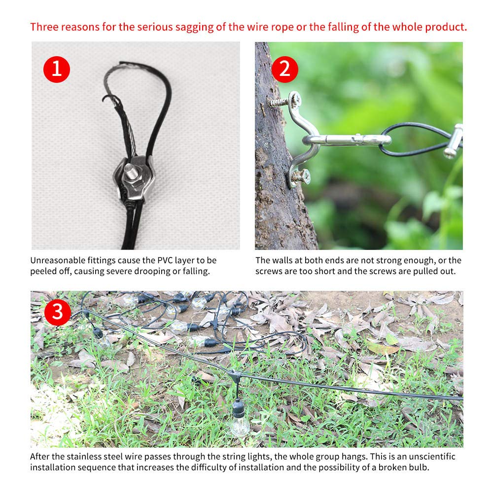 Yql 164Ft Outdoor String Lights Hanging Kit - Black Vinyl-Coated Stainless Steel Cable