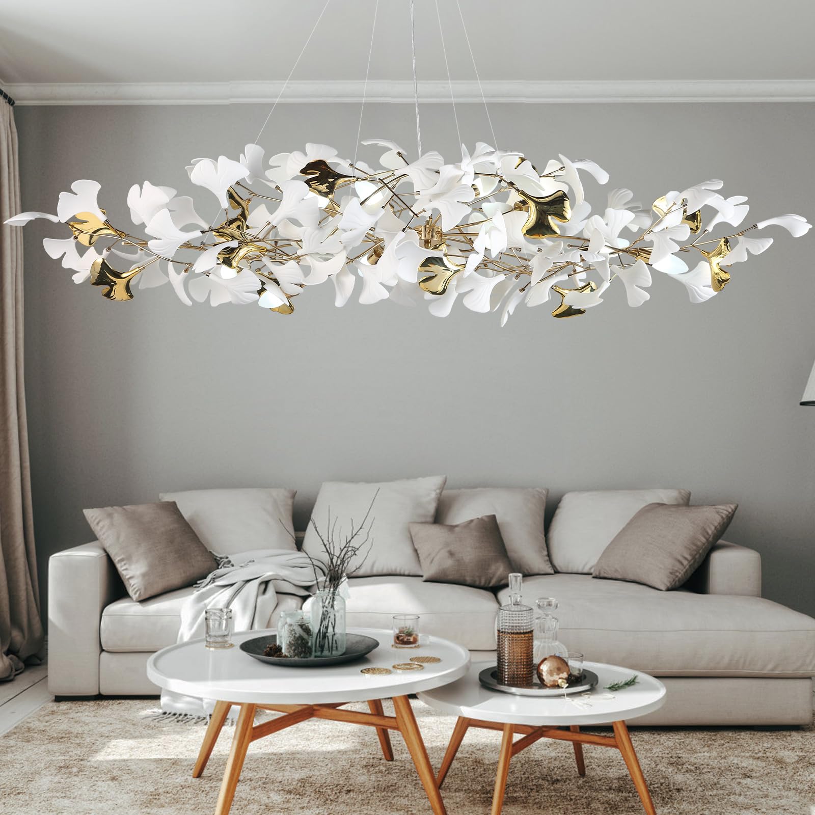 GREMLBUK 59 Inch White Rectangle Chandelier Gold Ceramic Ginkgo Leaf Chandeliers Brass Large Chandelier Modern Hanging Lights Fi
