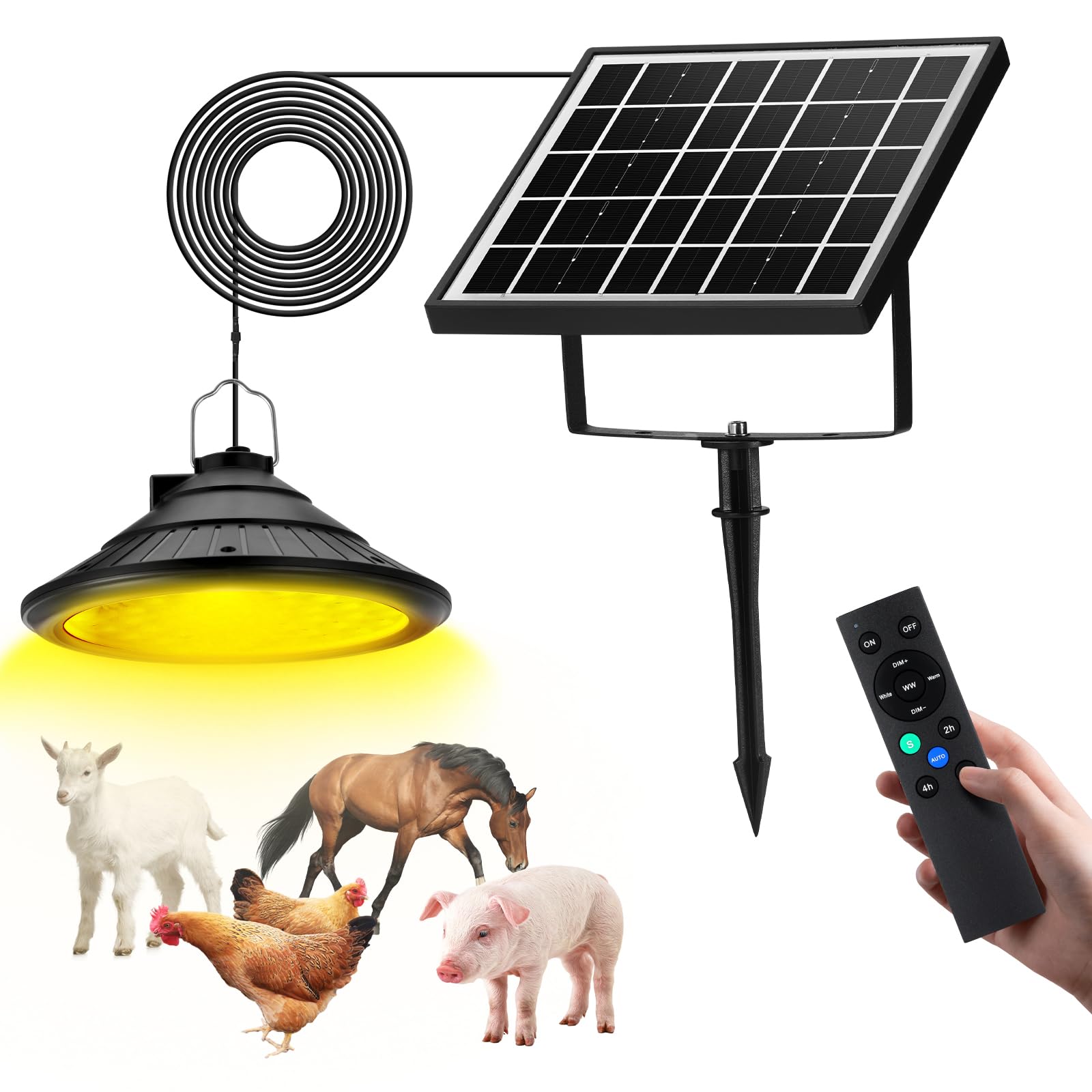 Solar Chicken Coop Light with Timer | Three-Color Dimmable LED, IP66 Waterproof Hanging Ceiling Pendant Light Suitable for Poult