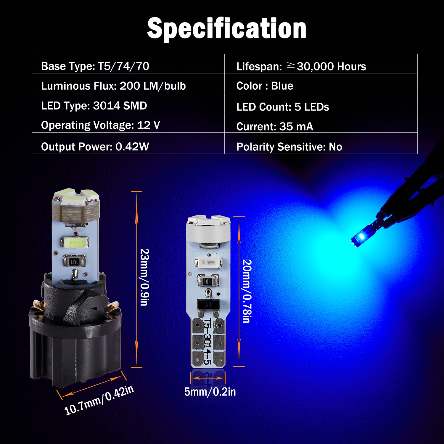 Brishine T5 74 2721 Led Bulbs Ultra Blue With Twist Lock Socket, Canbus Error Free Pc74 Pc37 882 Dashboard Instrument Panel Ligh