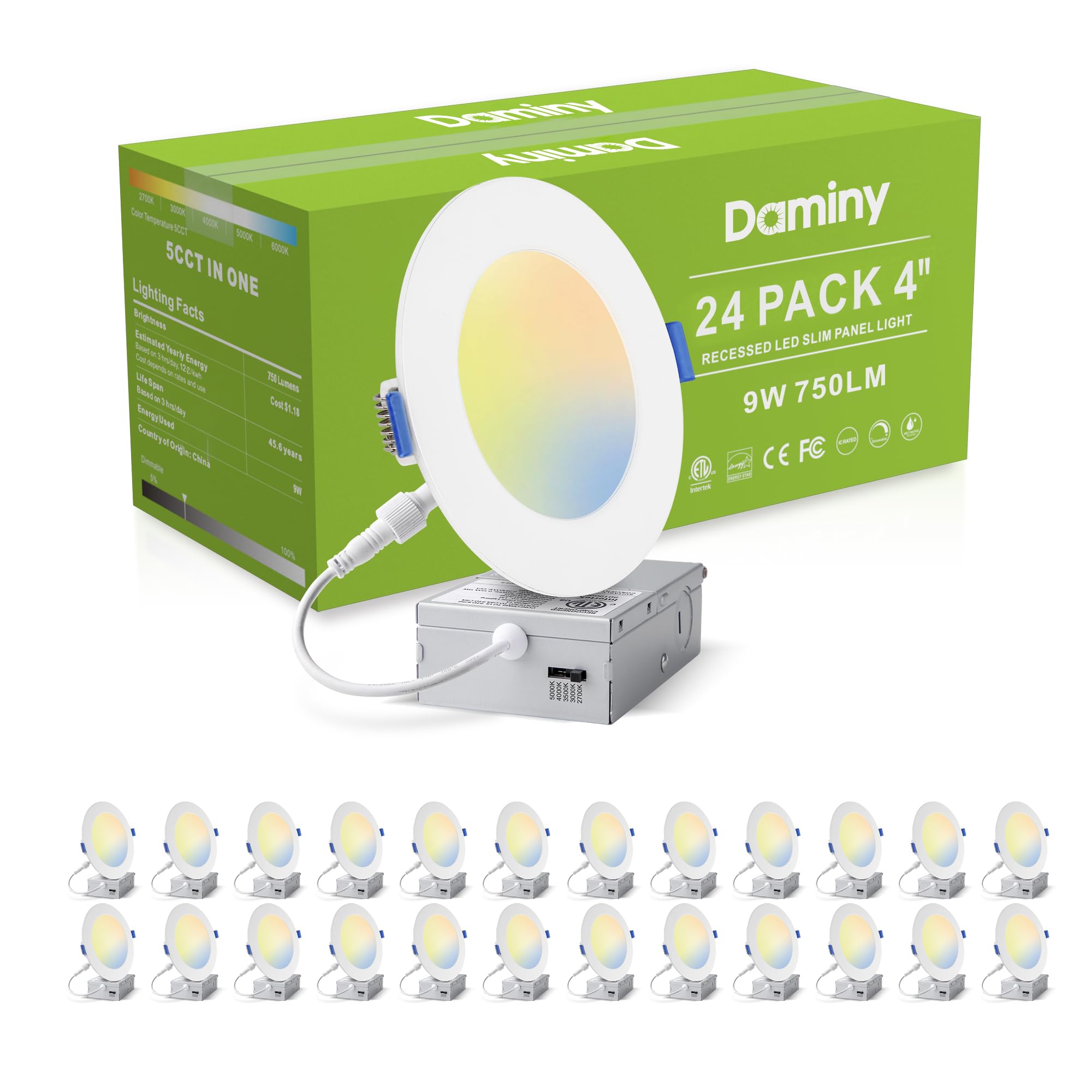 DAMINY 24 Pack 4 Inch LED Recessed Lighting with Junction Box,5CCT,Ultra-Thin Recessed Light,9W 750lm, Dimmable Canless Wafer Ce