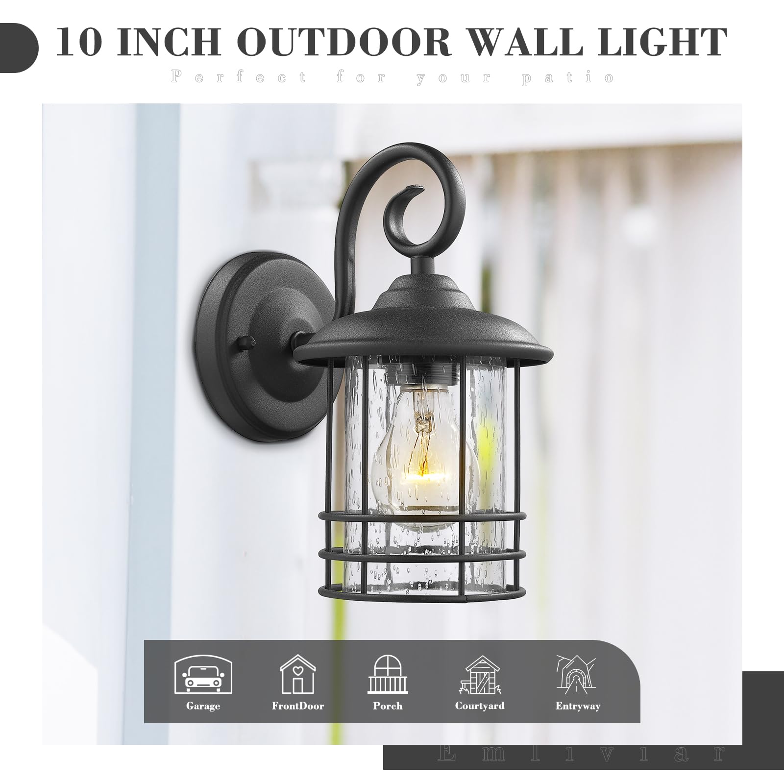 Emliviar 1-Light Outdoor Wall Lantern Twin Pack, Black Finish With Seeded Glass