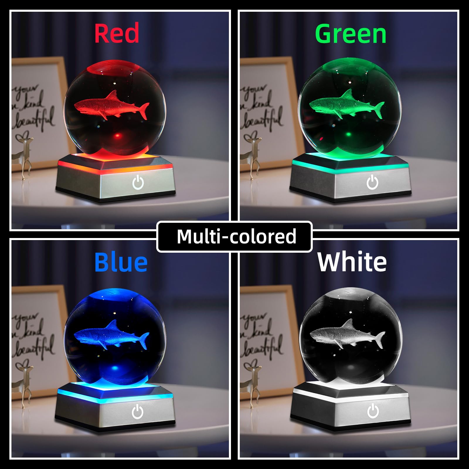 3D Shark Crystal Ball Night Light 3.15 Inch Glass Ball Table Lamp With Color Changing Touch Base Decor Ideal Sharks Gifts For Fr
