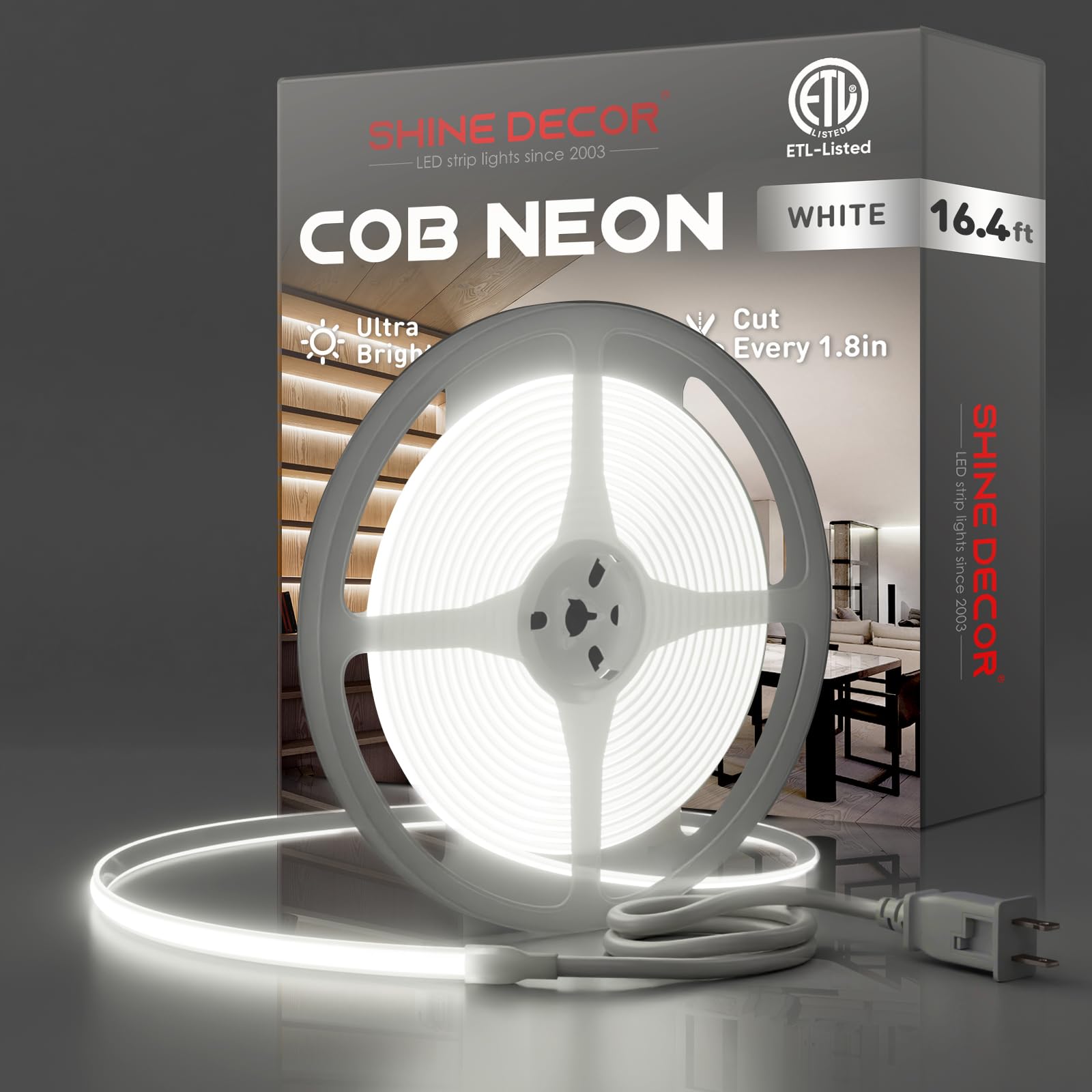 Shine Decor Cob Led Rope Light Ac 120V  800Lm Ultra Bright  Ip65 Waterproof Cold-Resistant Etl Neon Strip  No Driver Tape Lighting For Home Commercial 10X4.5Mm  6000K Cool White  16.4Ft