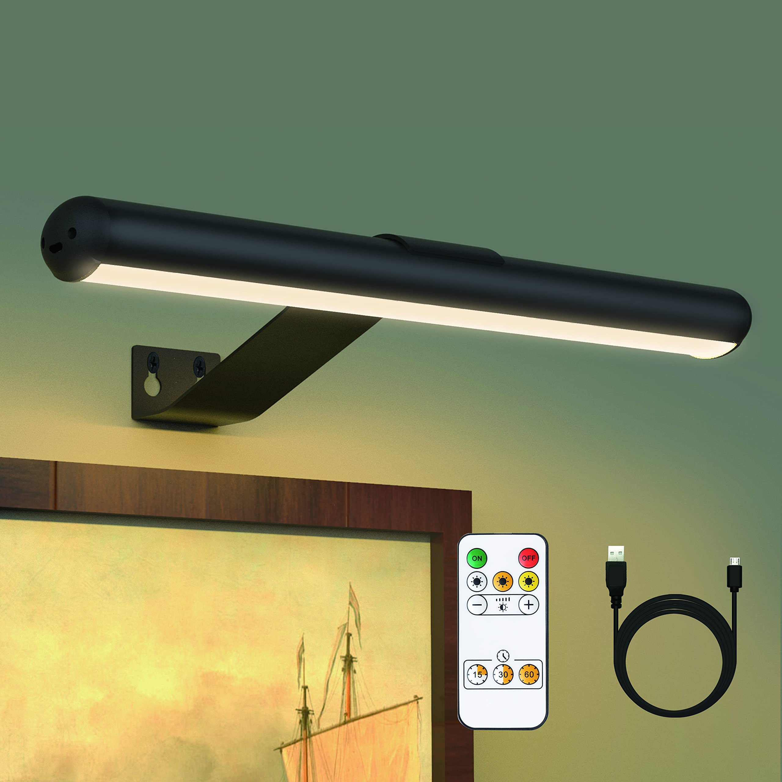 Yaqiihome Wireless Picture Light With Remote, Dimmable Led, 4000Mah Battery, Black Metal