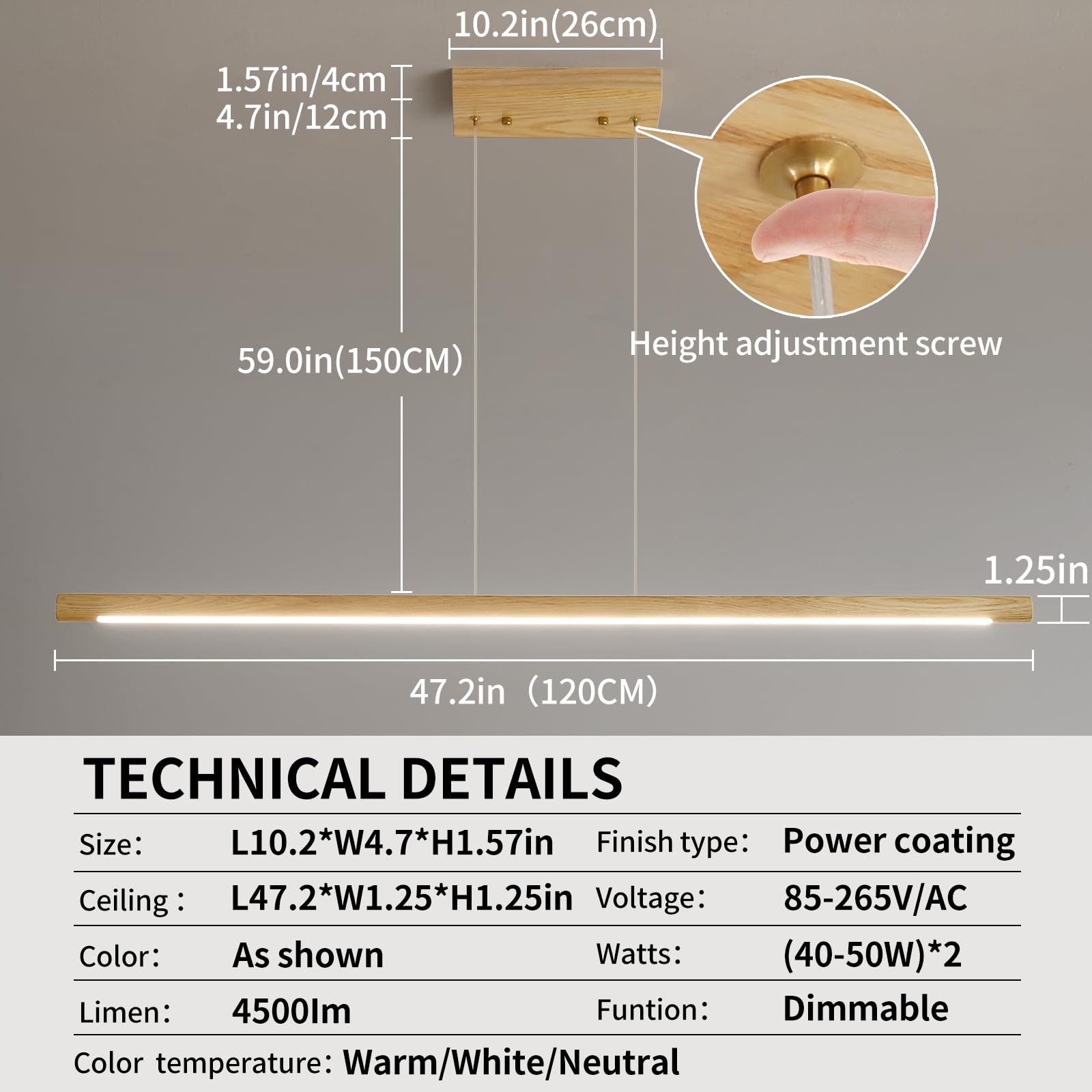 Matven Wooden Linear Pendant Light, 47'' Dimmable Pool Table Island Lights For Kitchen, Led Ceiling Pendant Lamp For Dining Room