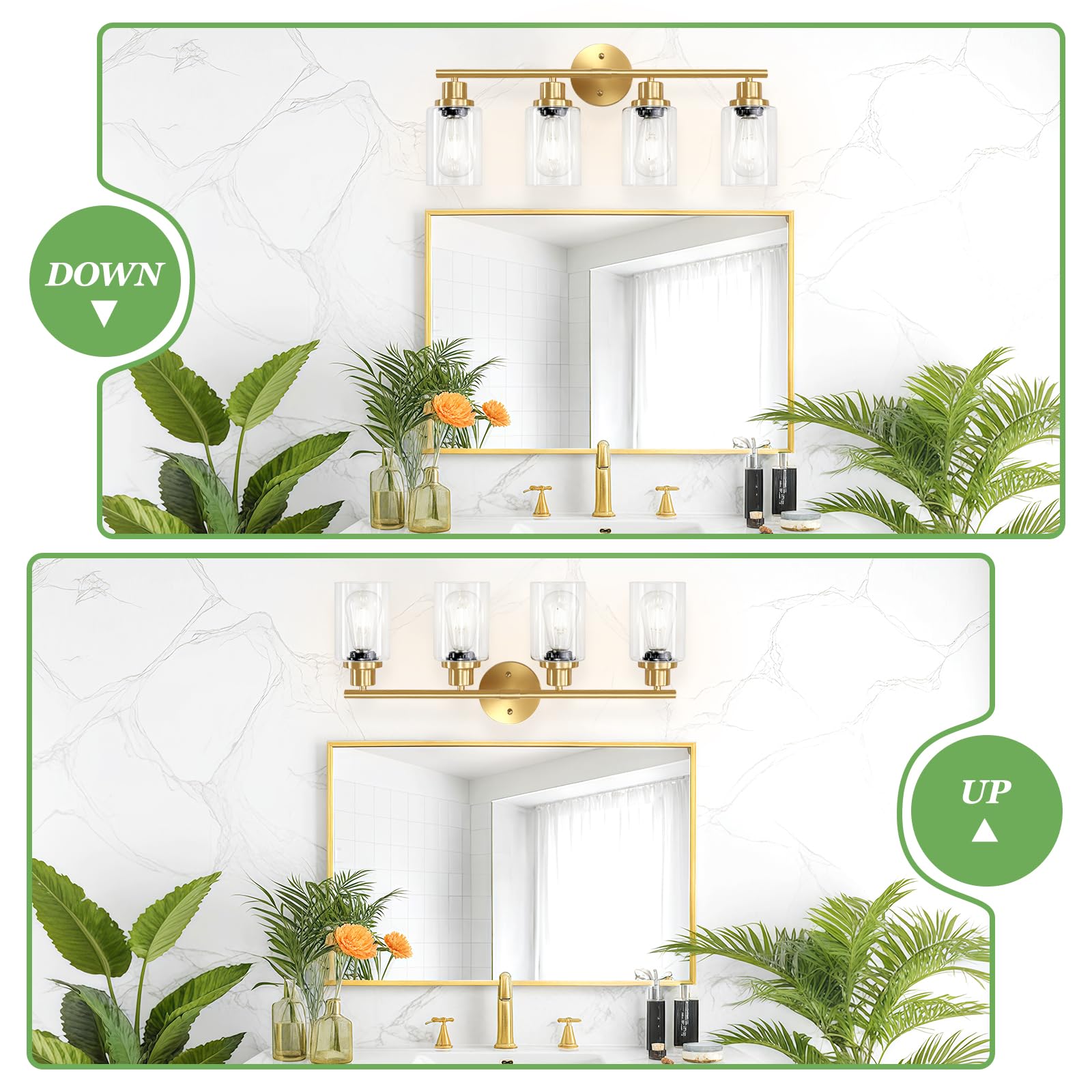 Guliaofo 4-Light Gold Bathroom Vanity Light Fixture, E26 Modern Metal Wall Sconce with Clear Glass Shade, Model Gu-111-QGJ-4