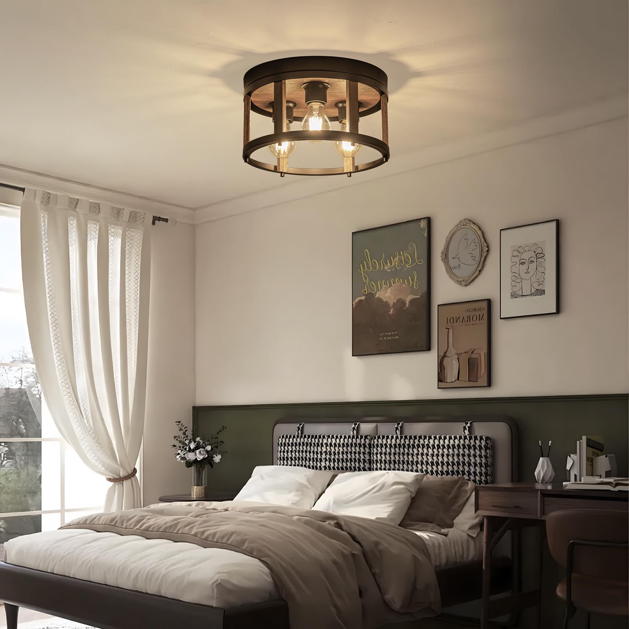 Mayna 3-Light Retro Farmhouse Flush Mount Round Vintage Metal And Wood Ceiling Light Fixtures, Rustic Ceiling Lamp For Kitchen,