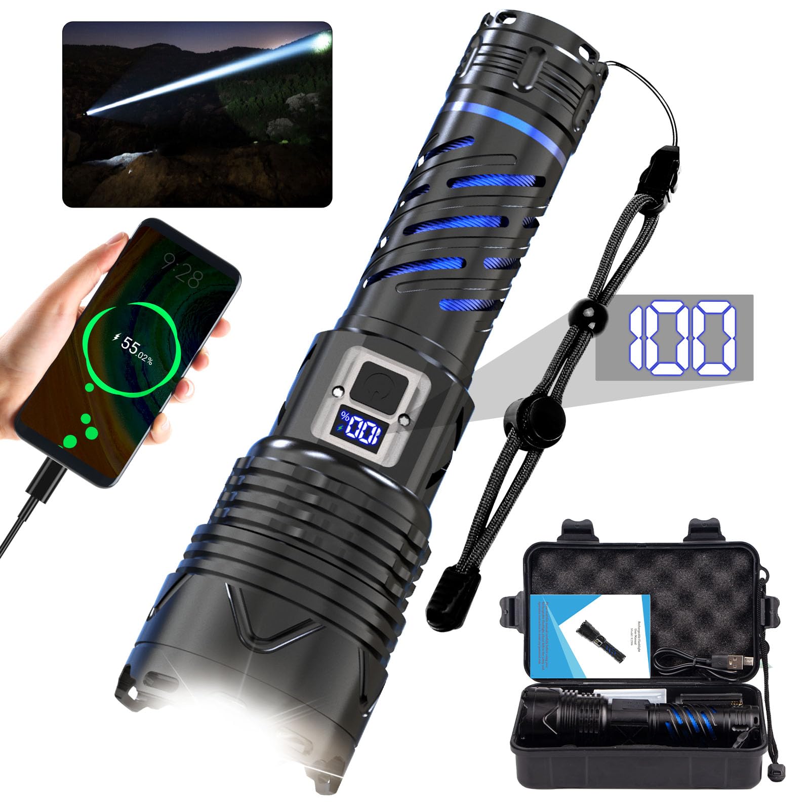 Karrong Rechargeable Flashlight, 5 Modes, Zoomable, Waterproof, Long Beam, Black, Model 001