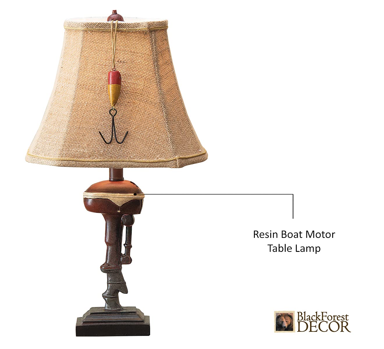 Black Forest Decor Outboard Accent Table Lamp - Rustic Boat Motor Fishing Lamp With Linen Shade - 11'' W X 8.2'' D X 20'' H