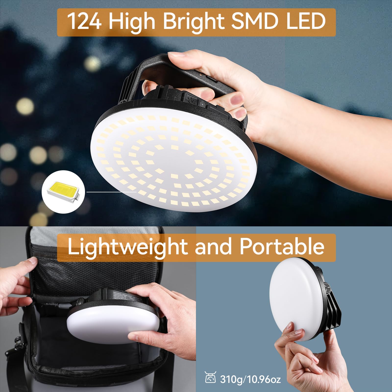 VAVOFO 30W LED Camping Lantern, 3000LM Rechargeable, 3 Lighting Modes, 7200mAh Power Bank, IP65 Waterproof, Black, Model KM-FD