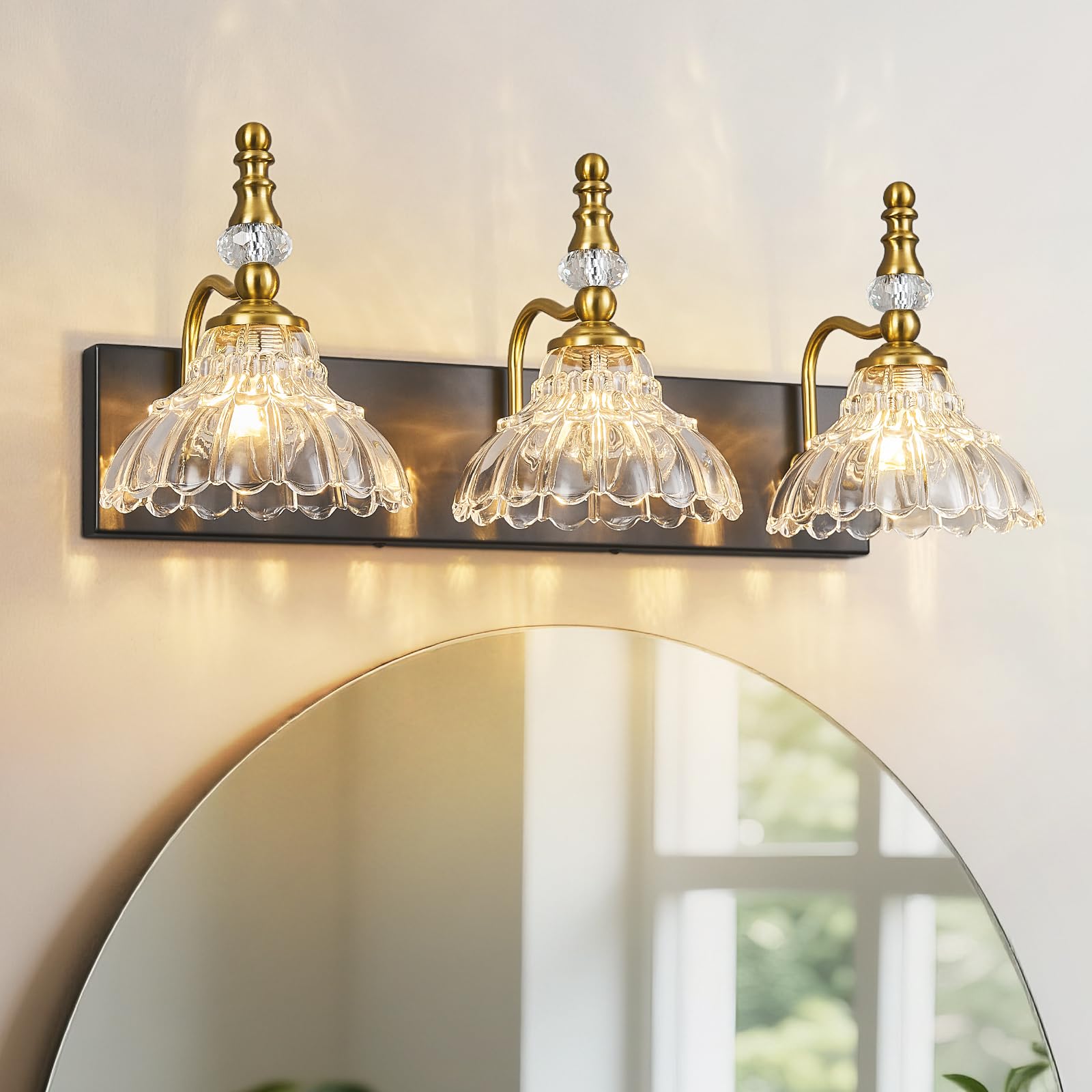Lbsqj Vintage Bathroom Vanity Light  3-Light Black Gold Vanity Lighting Fixture With Flower Glass Shade  Bathroom Lighting Fixtures Over Mirror