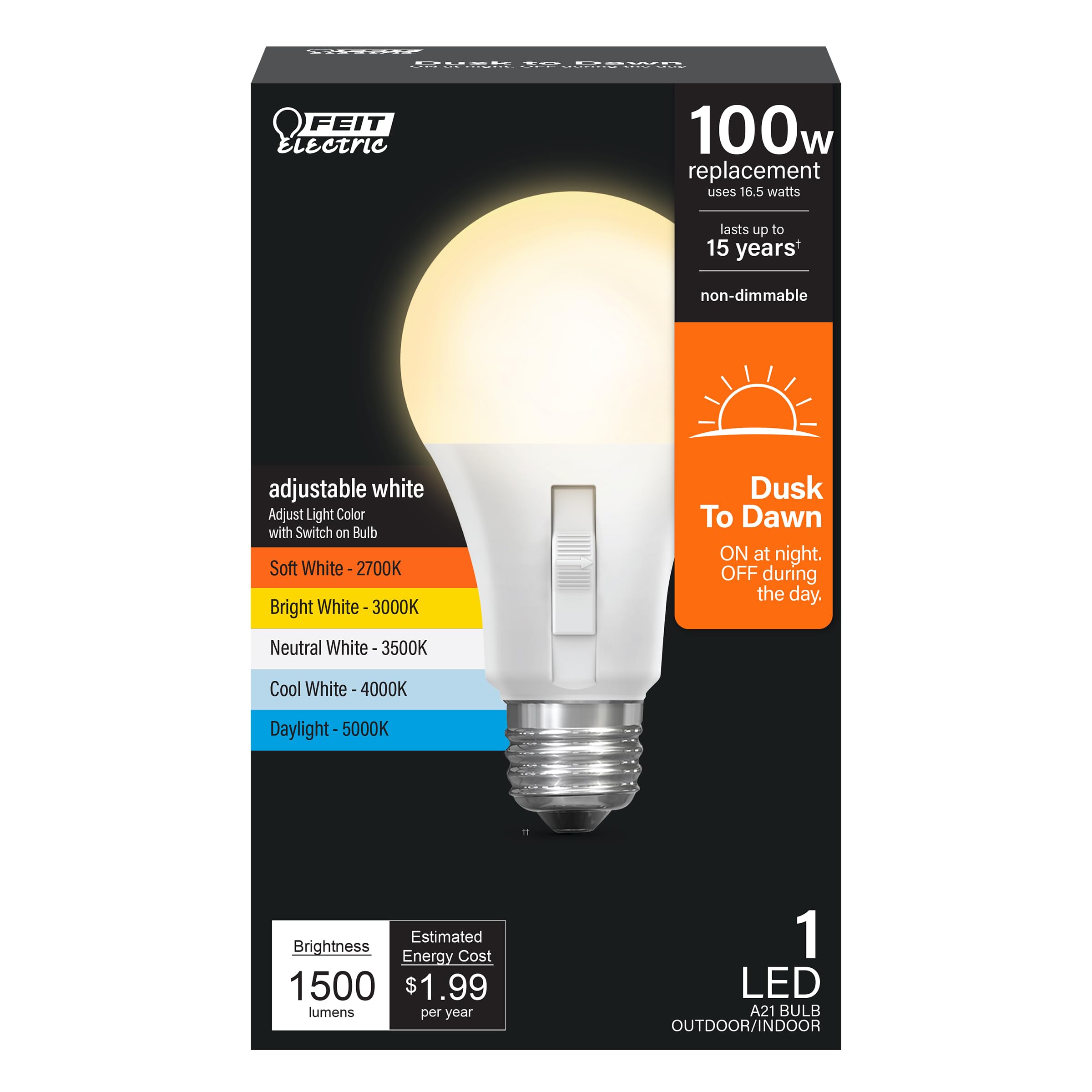 Feit Electric LED Dusk-to-Dawn Light Bulb, A21 100W Equivalent, 5CCT, Non-Dimmable, E26 Base, 90 CRI, 1500 Lumens, Standard Light Bulb with Switch on Bulb, 15-Year Lifetime, OM100/5CCTCA/DD/LEDI