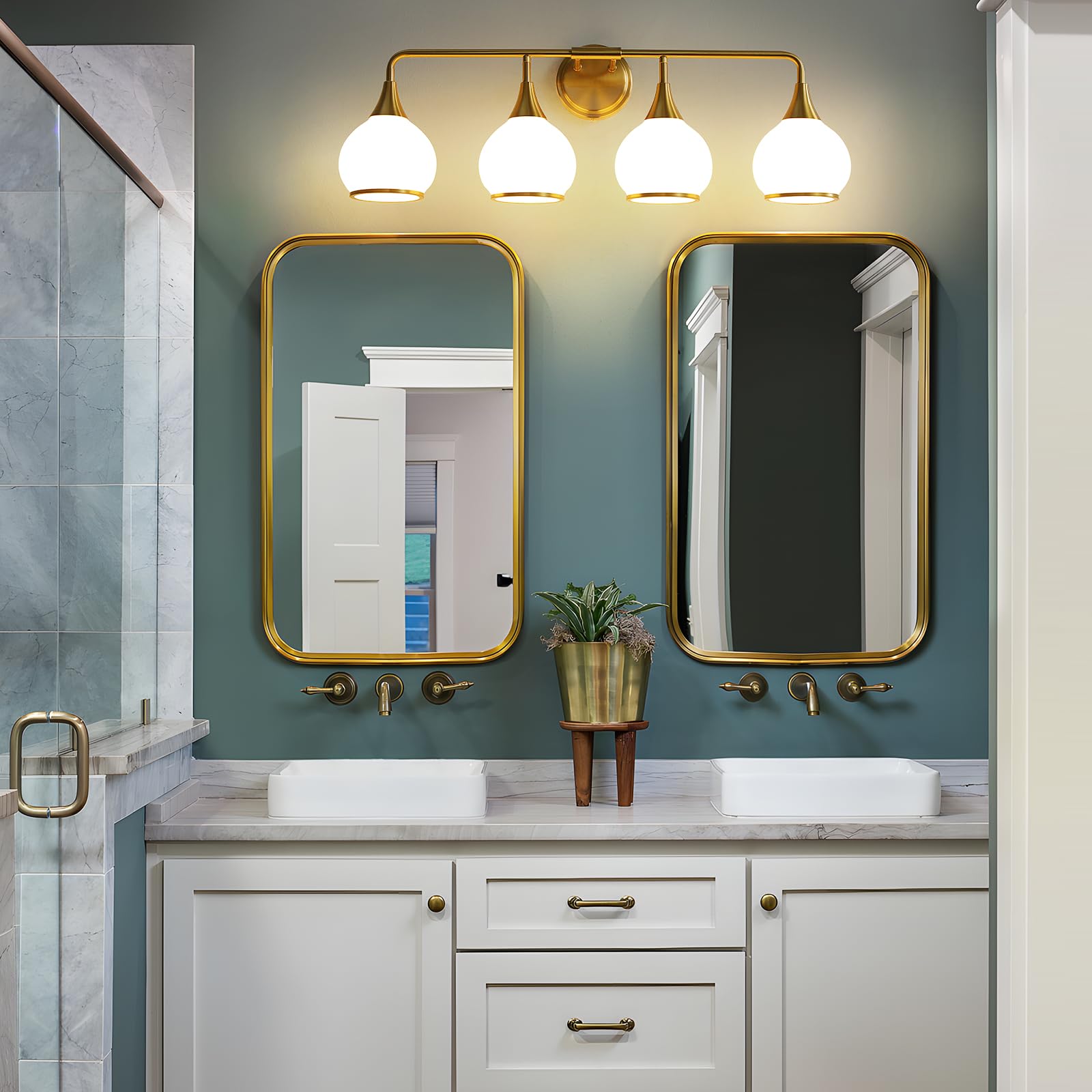 HAHZT Brass Gold Bathroom Light Fixtures, 4-Light Vanity Lights, Milky White Frosted Glass Shade, Model 8033ML, 30.7 Inch Wall Sconce