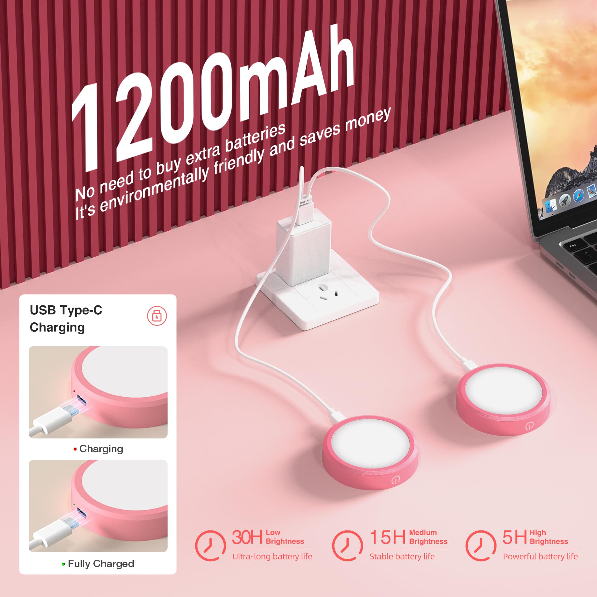 MICLIONLED Rechargeable Puck Lights, LED Under Cabinet Light, Wireless, 3 Color Temperatures, 2 Pack, Pink, Model M3-GB17