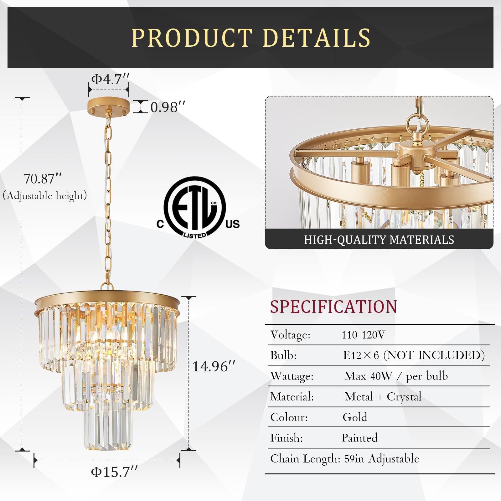 Catiner Gold Crystal Chandeliers 16'' Modern 6-Light Small Pendant Light Luxury 3 Tiers K9 Crystal Ceiling Pendant Round Light F