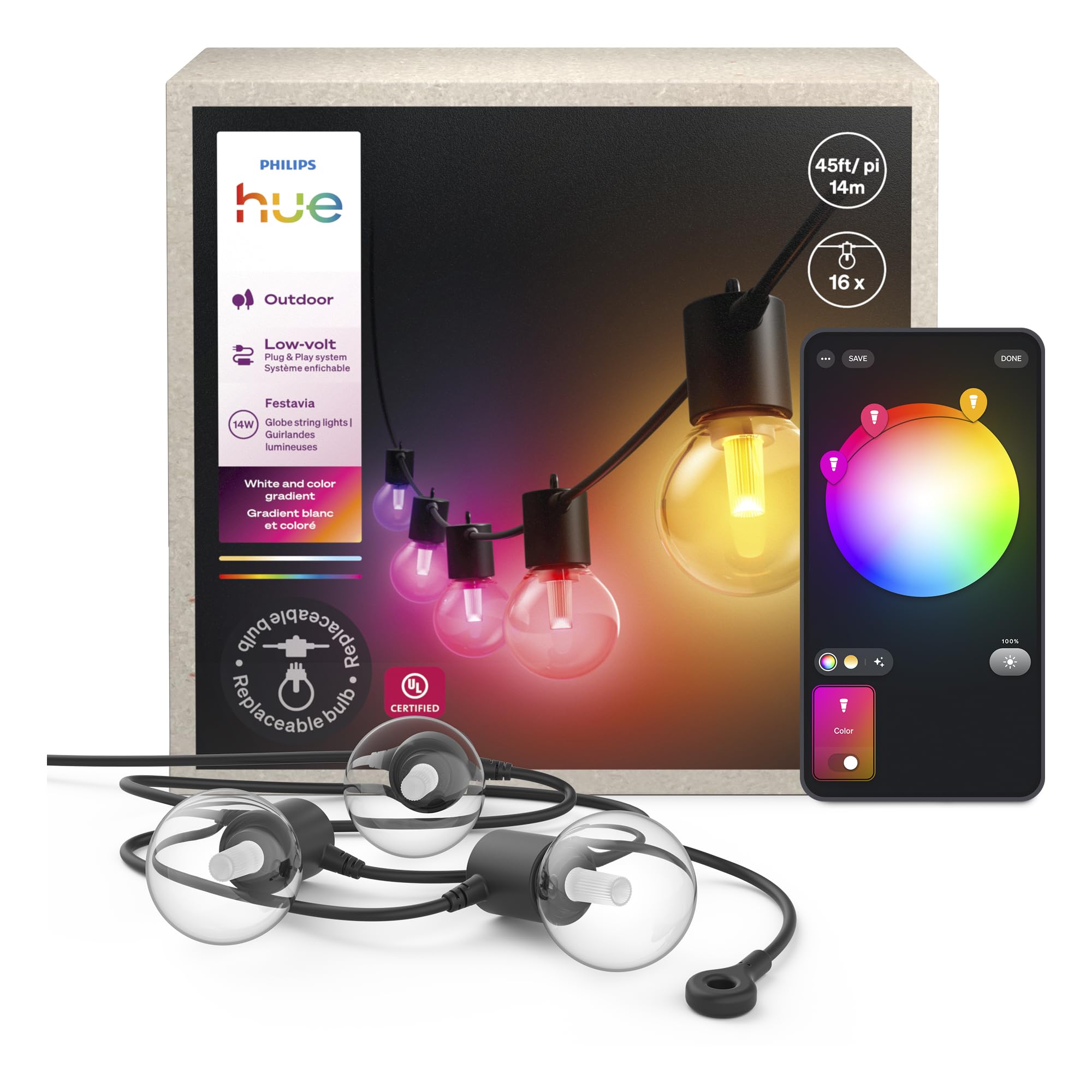 Philips Hue Festavia Globe Outdoor String Lights, White & Color Ambiance, 45ft,16 Bulbs, Dimmable, Control with Hue App or Voice