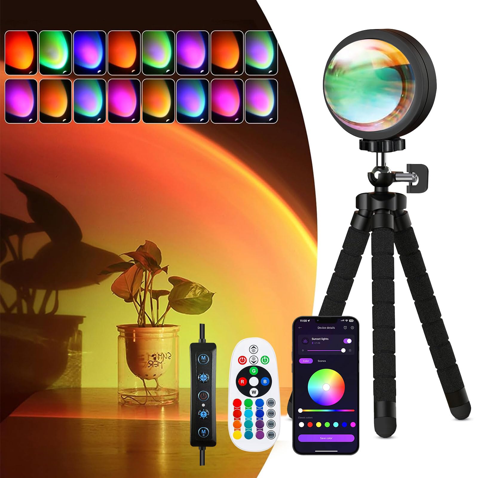 Exnemav Sunset Lamp Projector With App & Remote Control 360 Degree Rotation Sunlight Lamp 16 Colors & 4 Modes Rainbow Sunset Lig