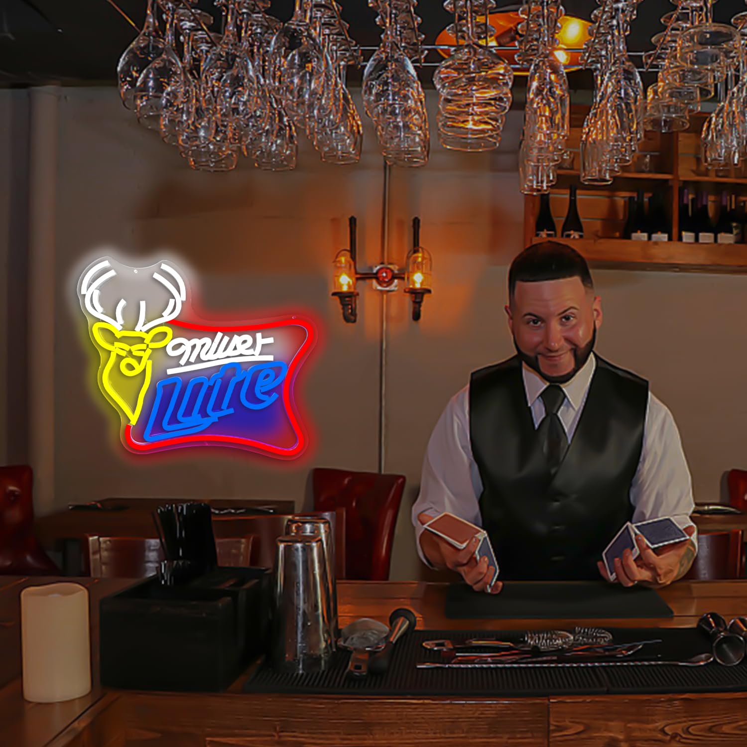 JooeTuu Dimmable Beer Neon Sign - Yellow Deer Wall Decor for Man Cave, Bar, Pub, Bistro - Miller Lite Lighted Sign