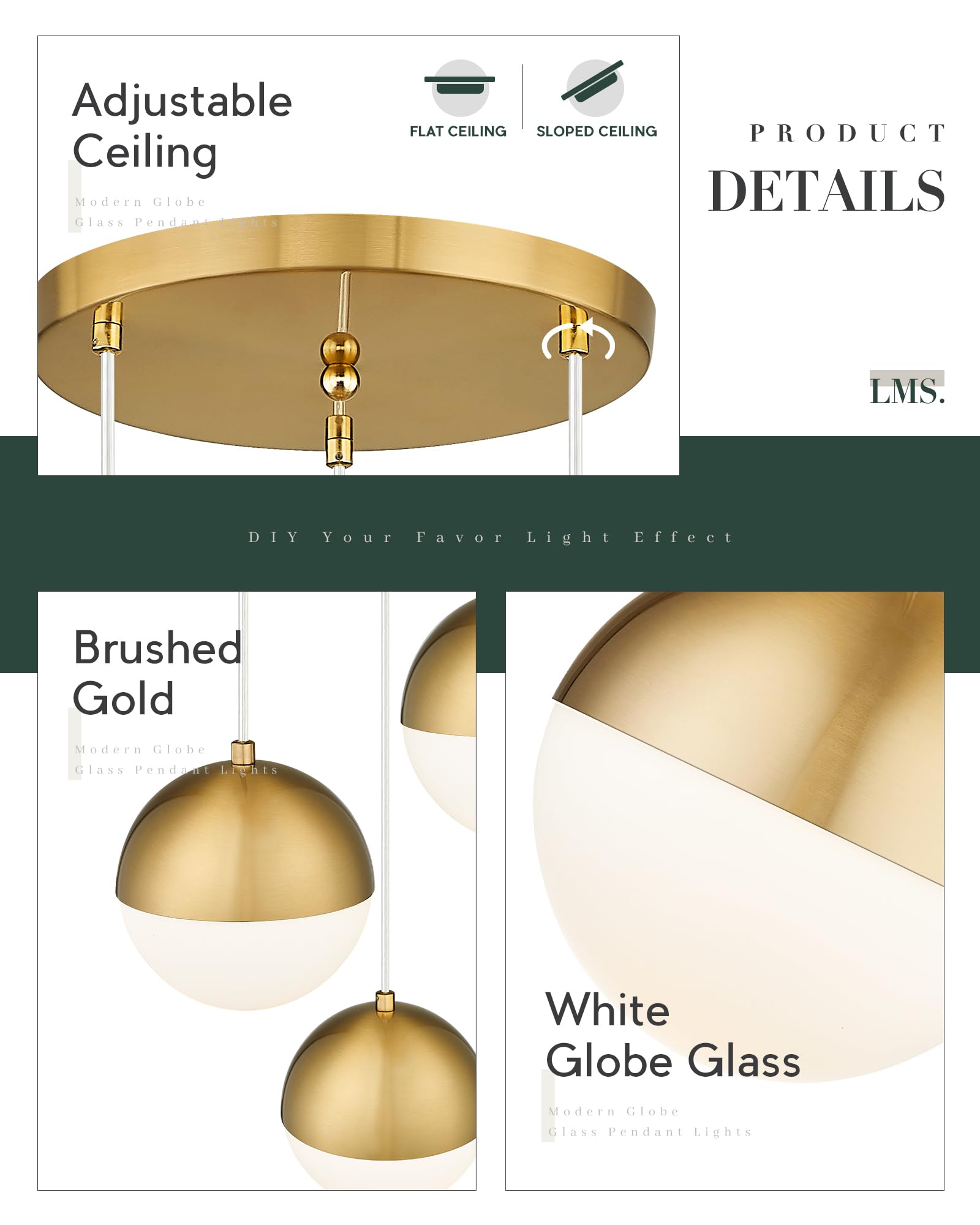 Lms Brushed Gold 3-Light Cluster Pendant Lights, Modern Kitchen Island Lighting With White Globe Glass Shade, Adjustable Hanging