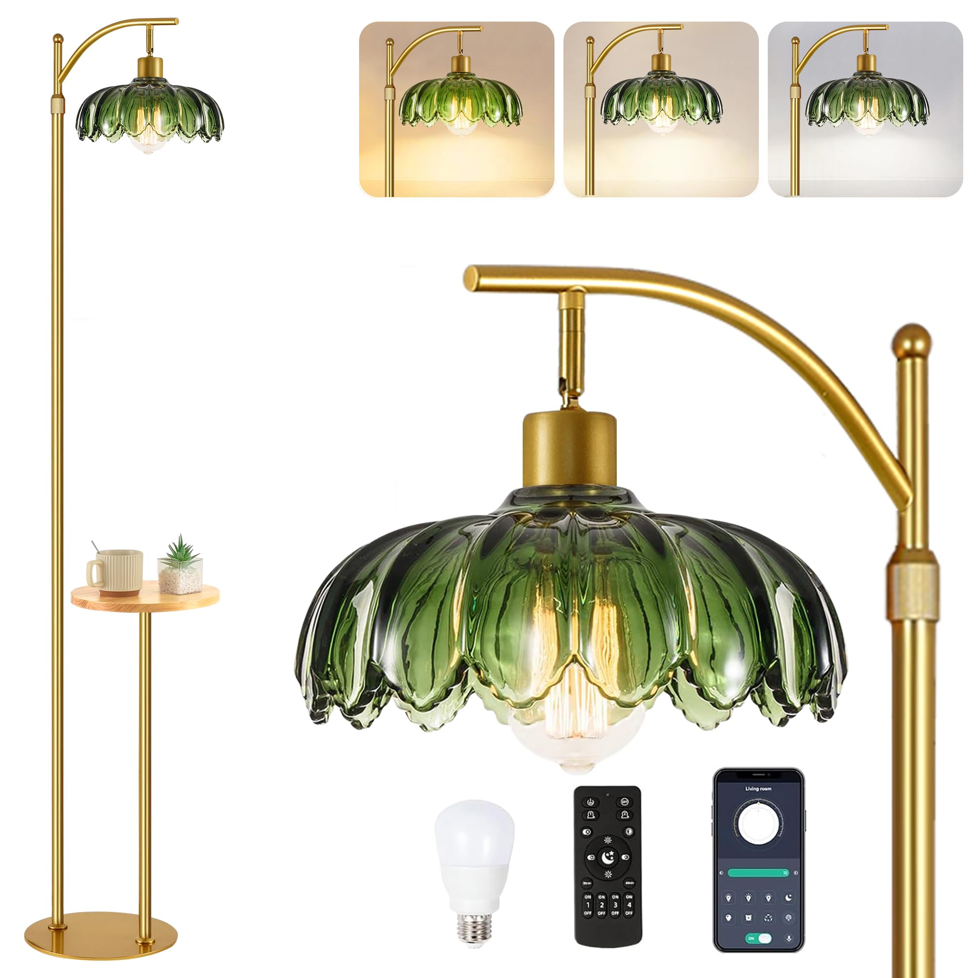 ZECOXOL Arc Floor Lamp with Table & Shelves, Dimmable, Remote Control, 10.2in Metal, Gold-green, Model 001