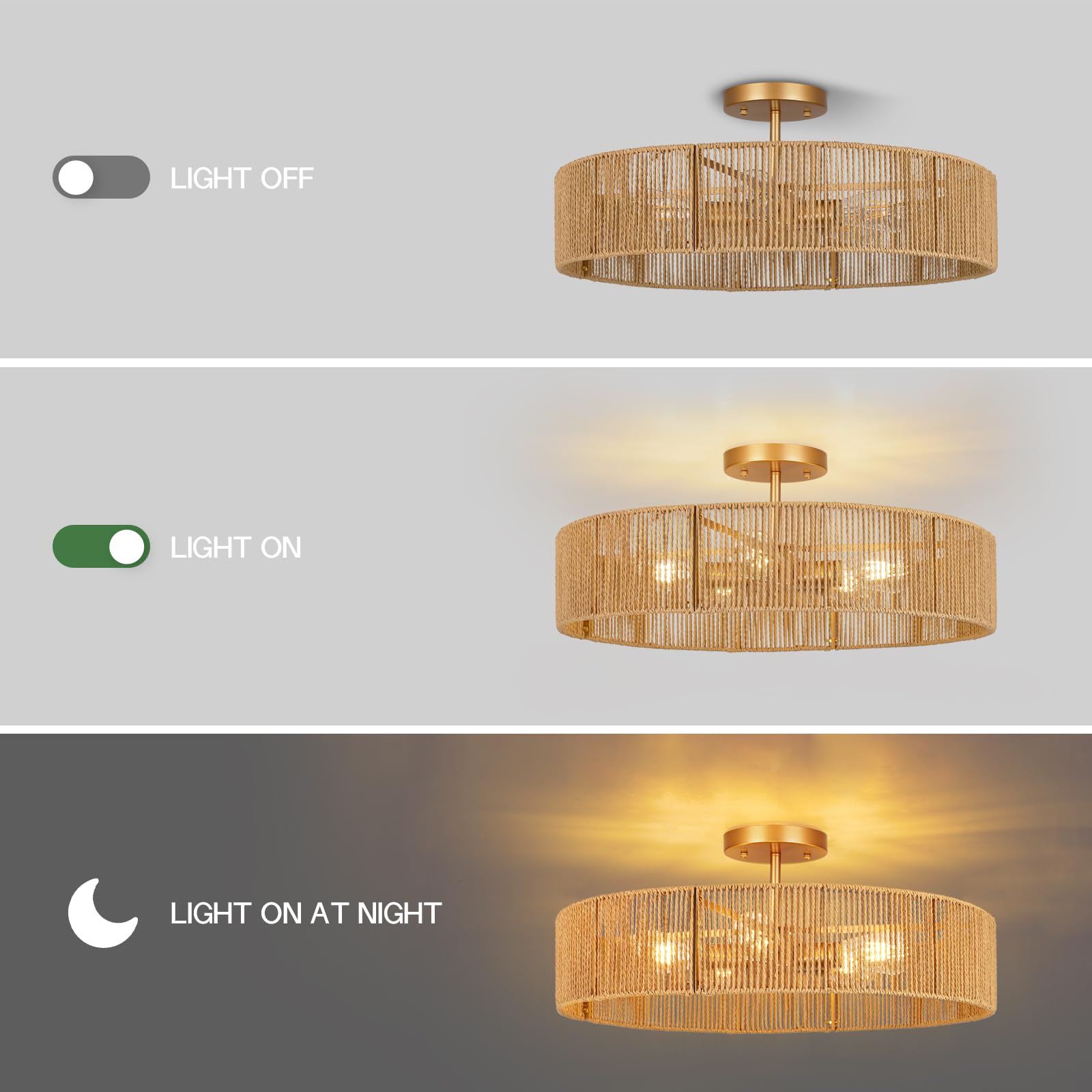 CLARSYNE 24in Rattan Flush Mount Ceiling Light Fixture, 5-Light Gold Boho Chandelier, Model CL-LG-009, Pattern A