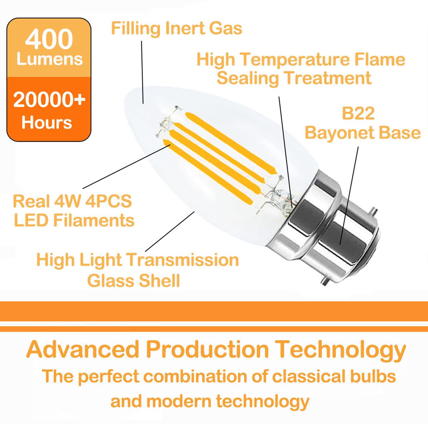 Lamsky 4W B22 Bayonet Led Filament Candle Light Bulb,6000K Daylight White 400Lm,C35 Shape Bullet Top,40W Incandescent Equivalent