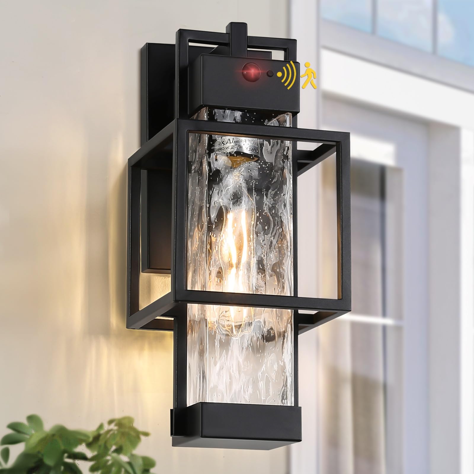 SHIMR Motion Sensor Outdoor Wall Lights, Dusk to Dawn Outdoor Lighting with Water Glass, Waterproof Exterior Light Fixture Wall 