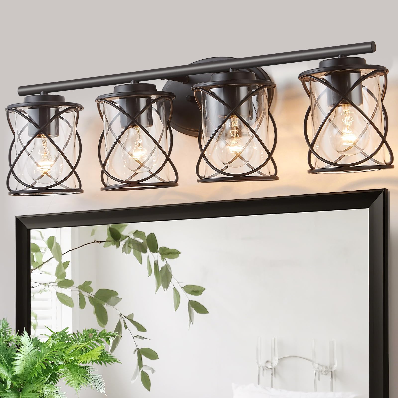 4-Lights Bathroom Light Fixtures  Matte Black Modern Vanity Light Over Mirror  Bathroom Wall Lamp for Mirror Kitchen Living Room Hallway Porch  Farmhouse Wall Lights with Clear Glass Cage Shade