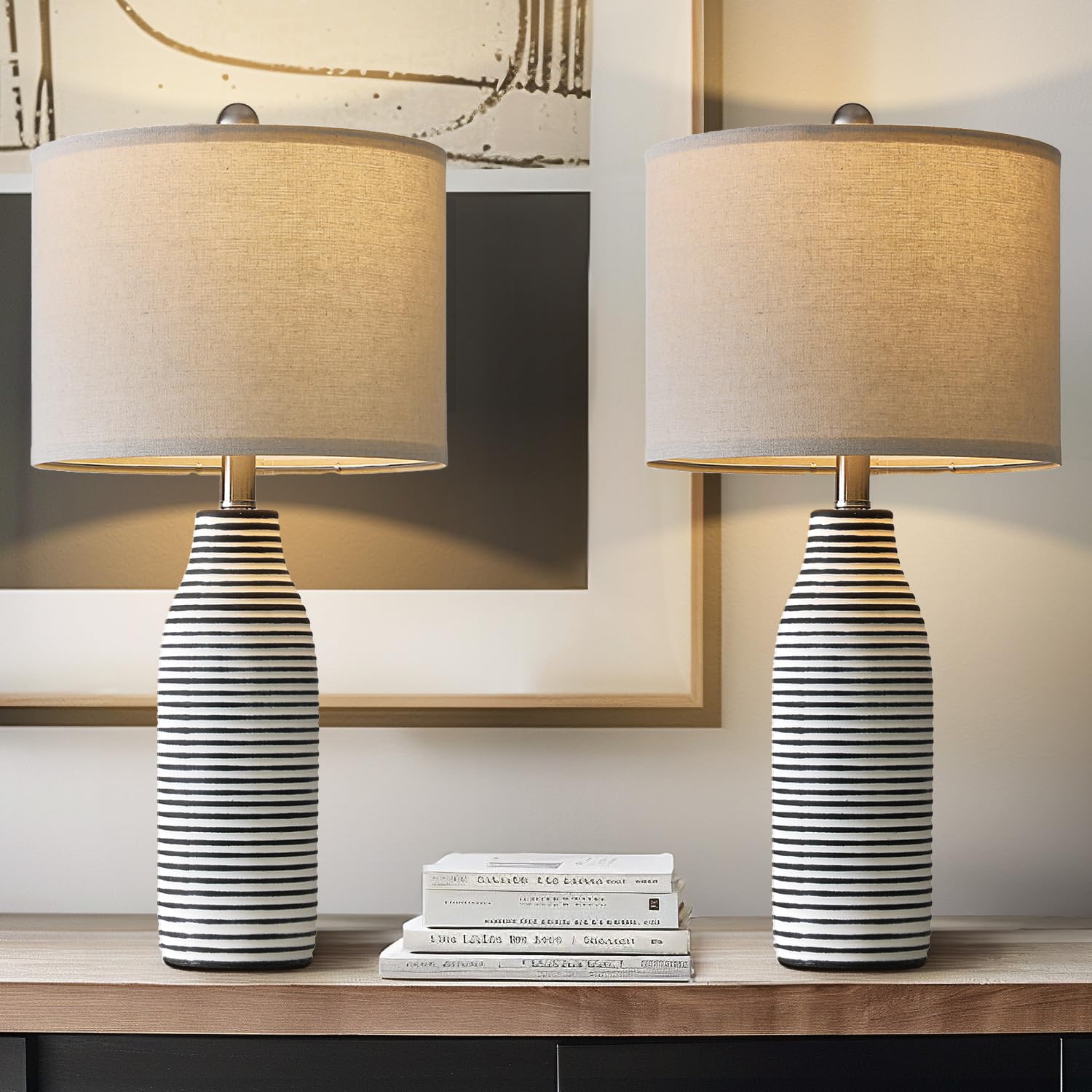 PORTRES 25" Ceramic Table Lamps Set of 2 - Black and White Stripes for Living Room & Bedroom - Model AMZ-T1185BW0