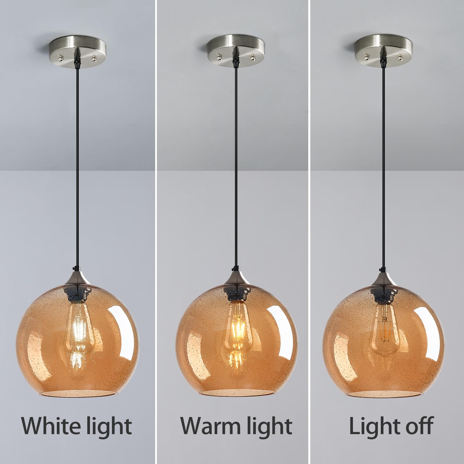 Lbsqj Amber Glass Pendant Lights Kitchen Island Globe Pendant Light Fixtures Modern Pendant Lighting For Bedroom Living Dining Room Light Fixture (9.84 In  3 Pack)