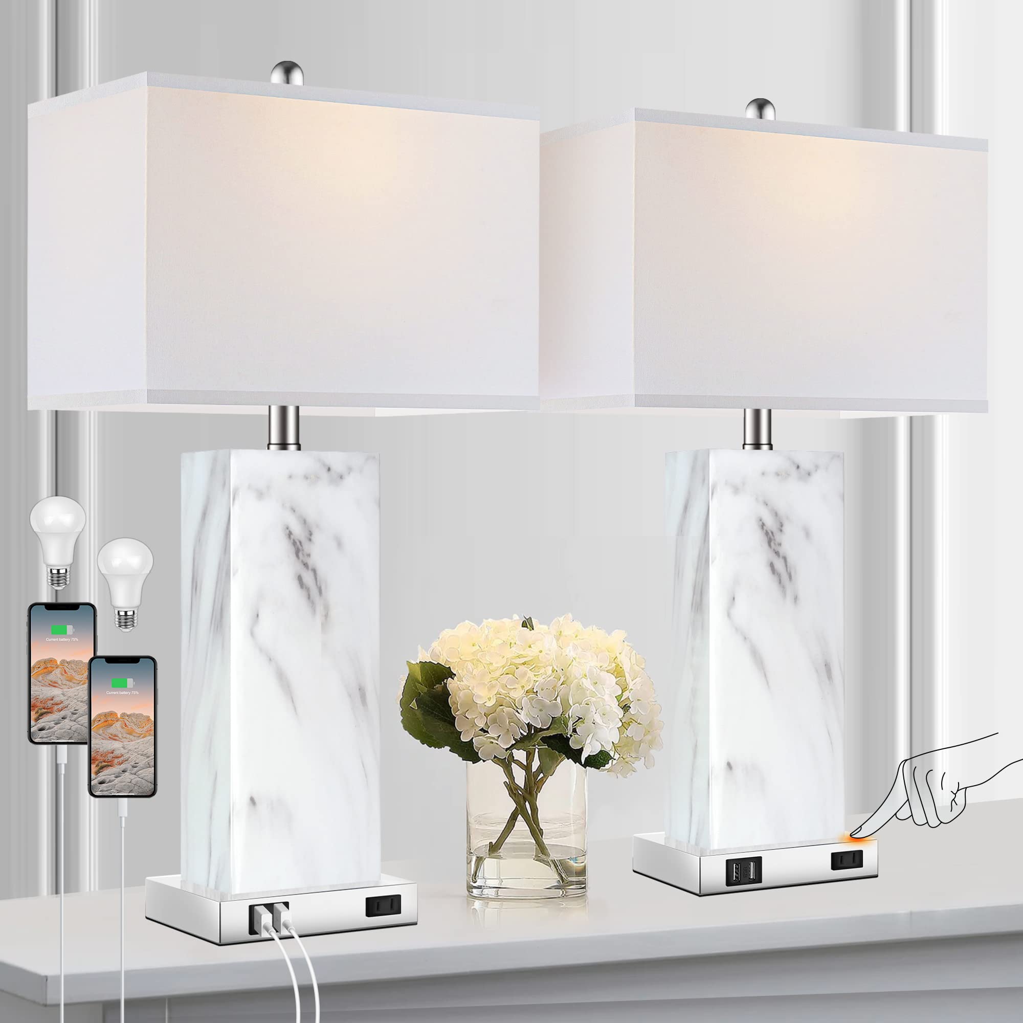 Touch Control Table Lamps Set Of 2, Modern Ceramic Bedside Lamp With 2 Usb Ports 1 Ac Outlet, 3-Way Dimmable White Nightstand Lamp With Fabric Shade For Living Room, Bedroom (Led Bulbs Included)