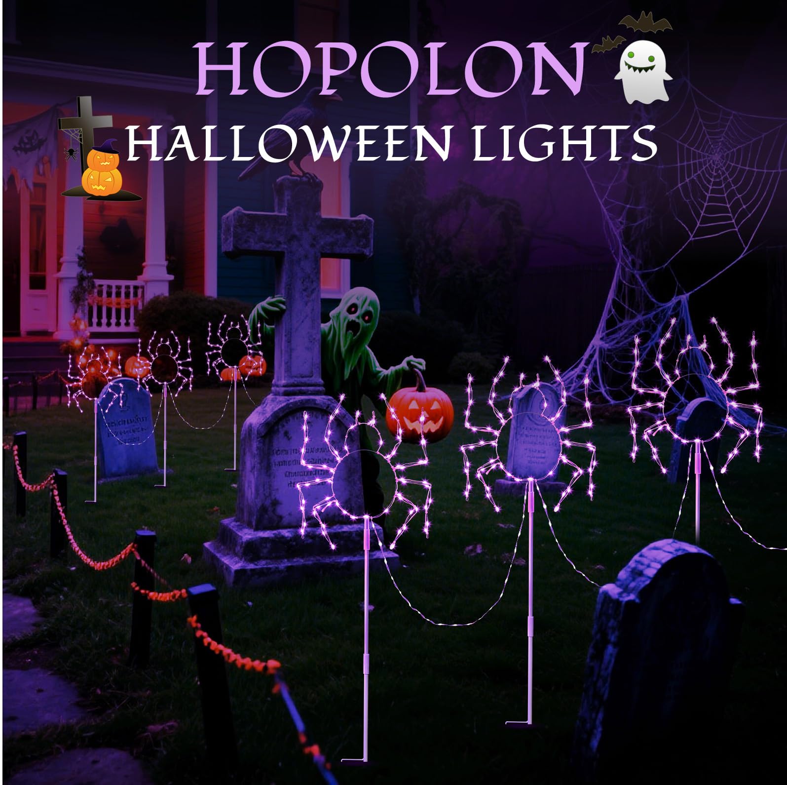 Hopolon Outdoor Halloween Spider Pathway Lights, 3-Pack, 229 LED, Purple, Waterproof with 8 Modes Timer for Garden Decor