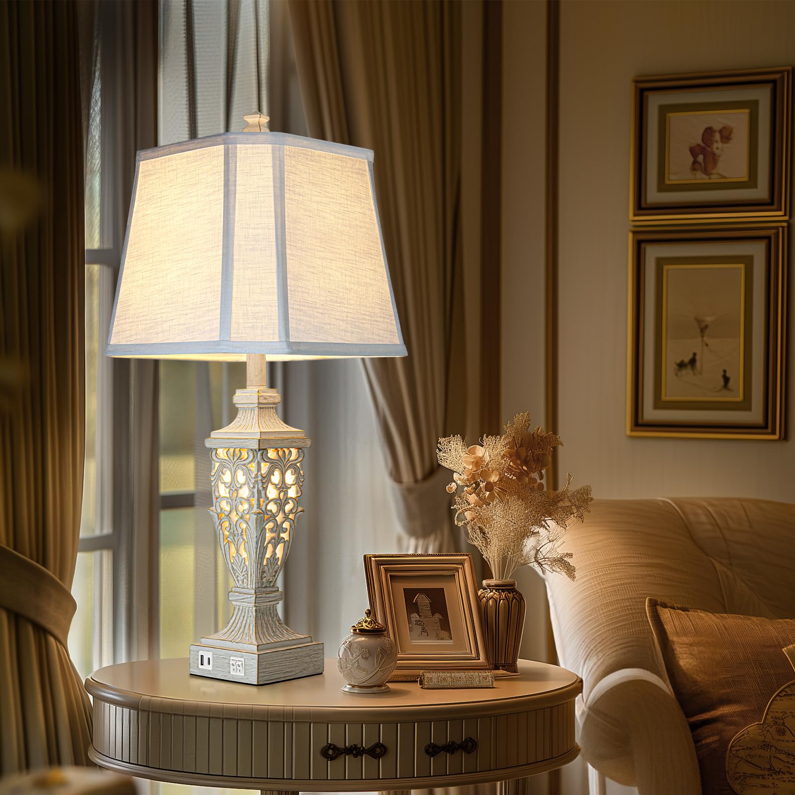 28.5'' Lamps For Living Room - Table Lamps Set Of 2 With Night Light,Bedside Lamp With White Linen Cut Corner Shade - For Bedroo