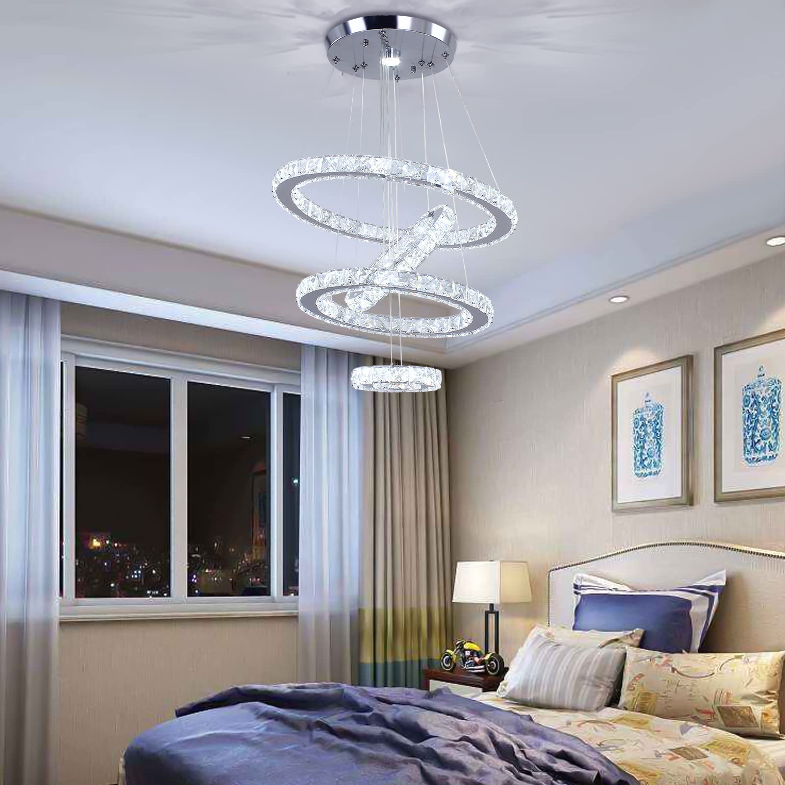 diisunbihuo Crystal LED Pendant Light Fixture - Adjustable Stainless Steel, 15/25/35/45 Size, Cool White for Living Room, Dining Room, Bedroom
