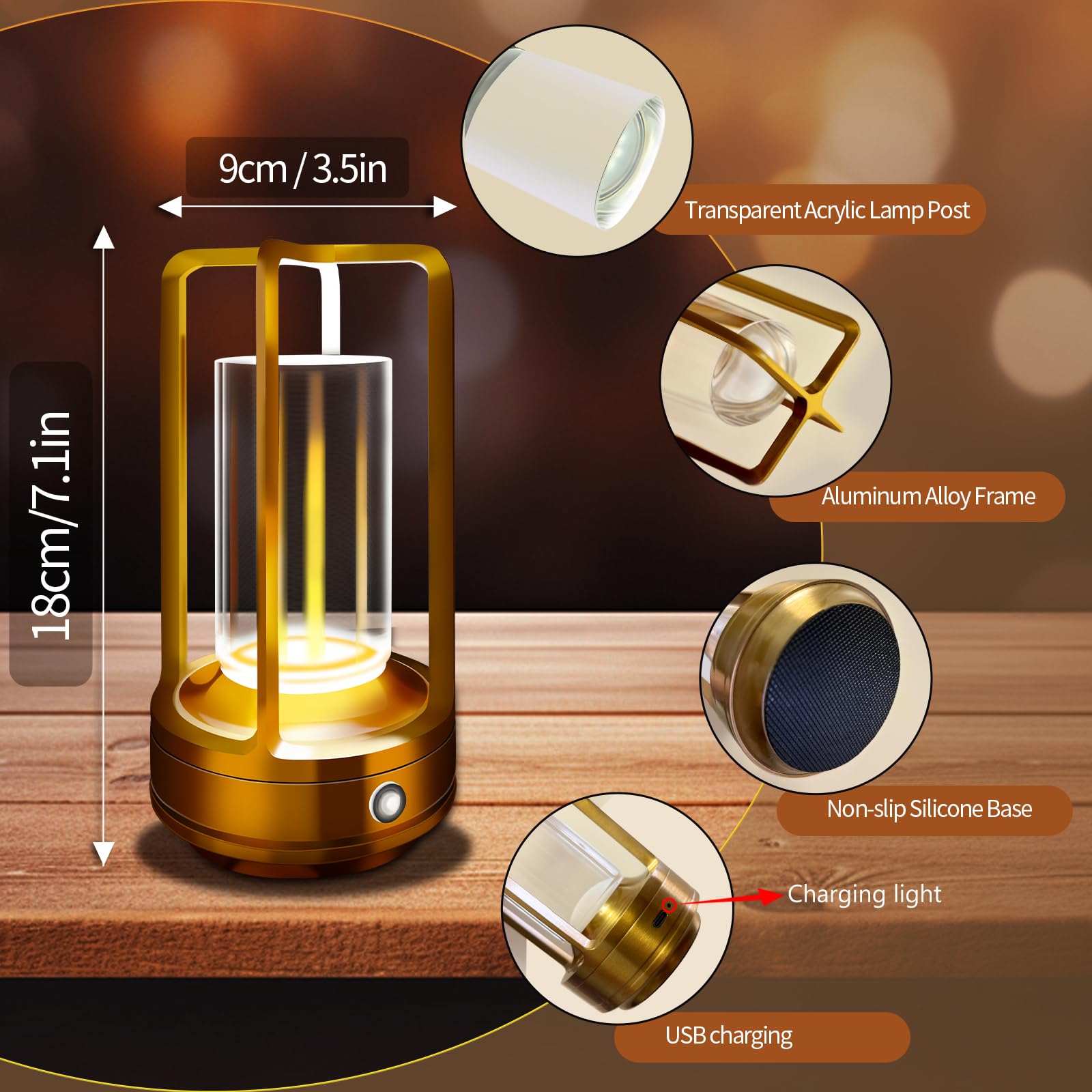 LAYSHINEEN Portable Metal Table Lamp, 4000 mAh Rechargeable Outdoor Table Lamp Cordless, 3 Color Stepless Dimmable Atmosphere Ta