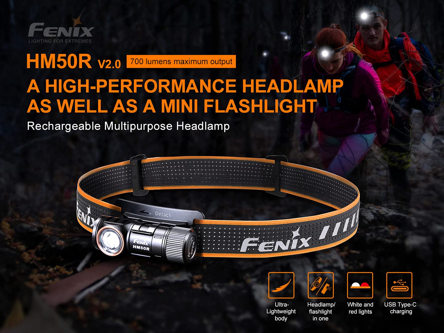 Fenix Hm50R V2.0 Headlamp, 700 Lumen Usb-C Rechargeable Lightweight With White/Red Light, With Lumentac Organizer