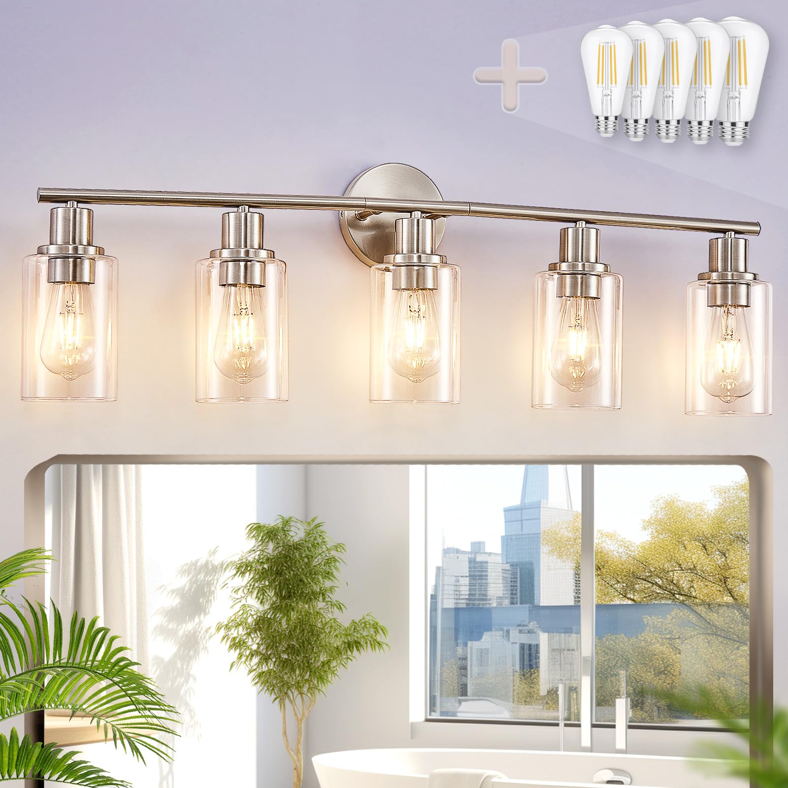 DINGLILIGHTING 5-Light Bathroom Light Fixtures, Brushed Nickel, Metal, Clear Glass Shade, Modern Vanity Lights for Mirror, Kitchen, Hallway