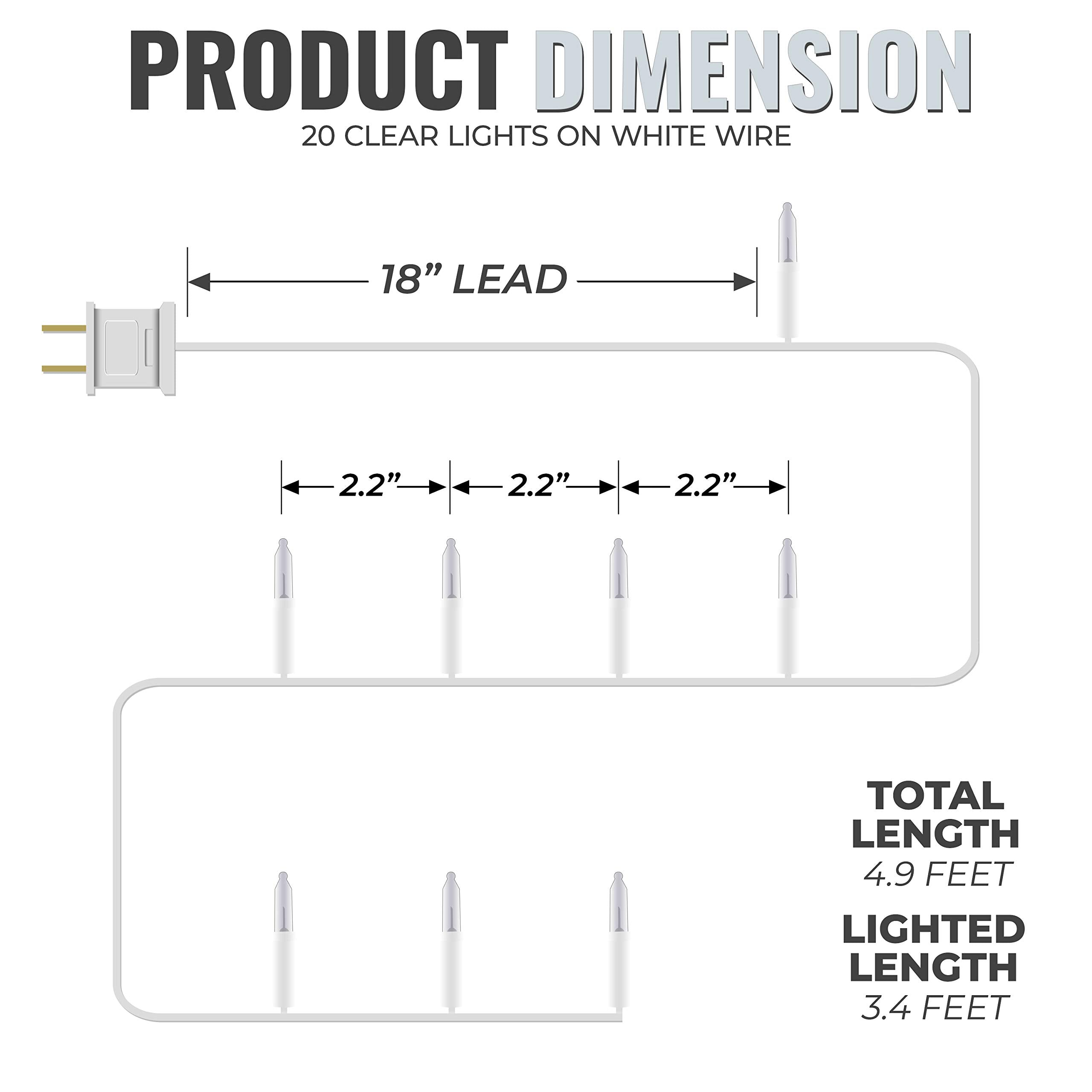 612 Vermont Clear 20 Count Christmas String Lights On White Wire Cord, Ul Approved For Indoor Use Only, Total Length 4.9 Foot, Lighted Length 3.4 Foot